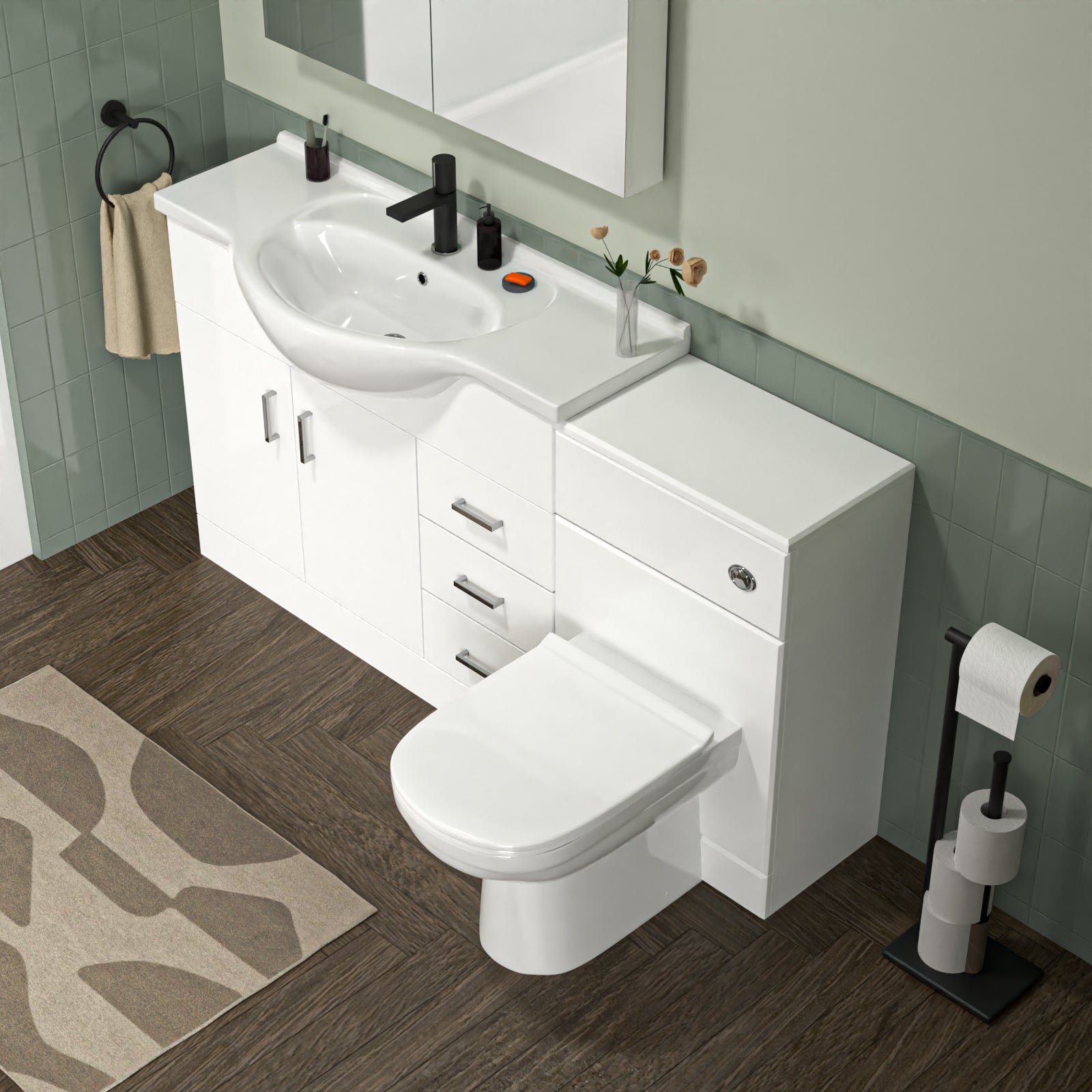 White Bath Suite 850mm Vanity, Back to Wall Toilet & 1700mm Round Bathtub