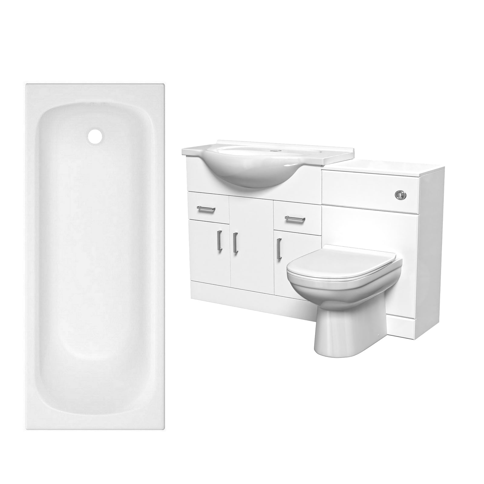 White Bath Suite 850mm Vanity, Back to Wall Toilet & 1700mm Round Bathtub