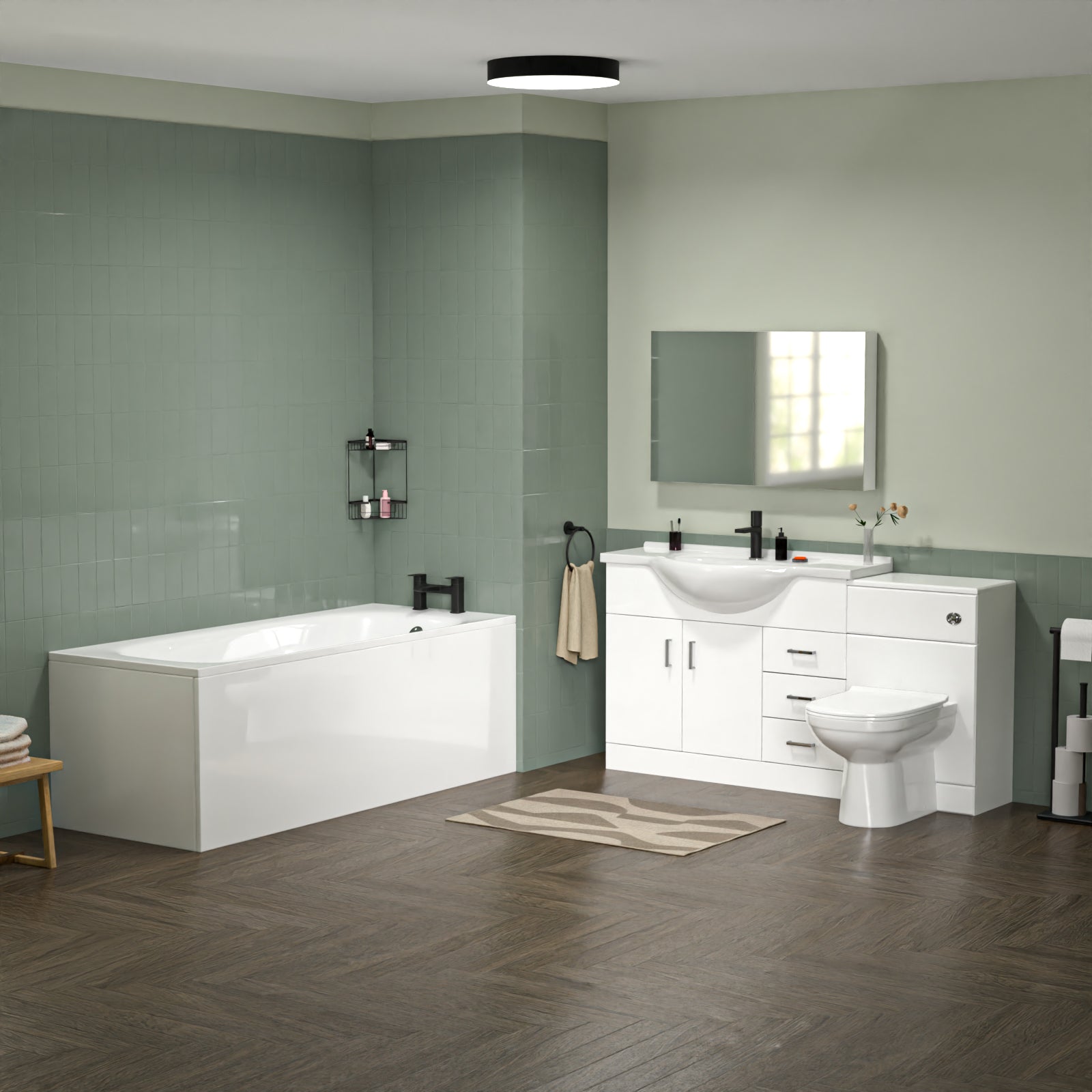 White Bath Suite 850mm Vanity, Back to Wall Toilet & 1700mm Round Bathtub