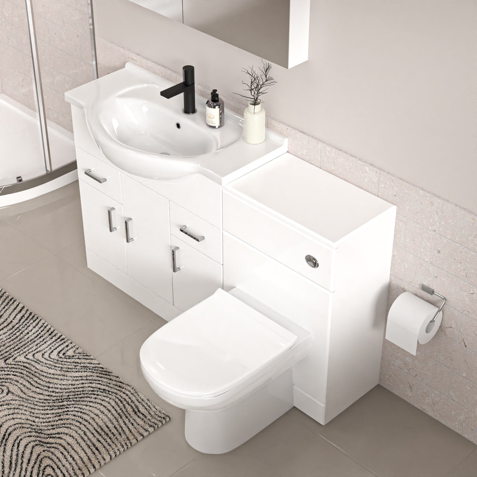 White 850mm Vanity, Toilet & 800mm Quadrant Shower Enclosure Tray Set