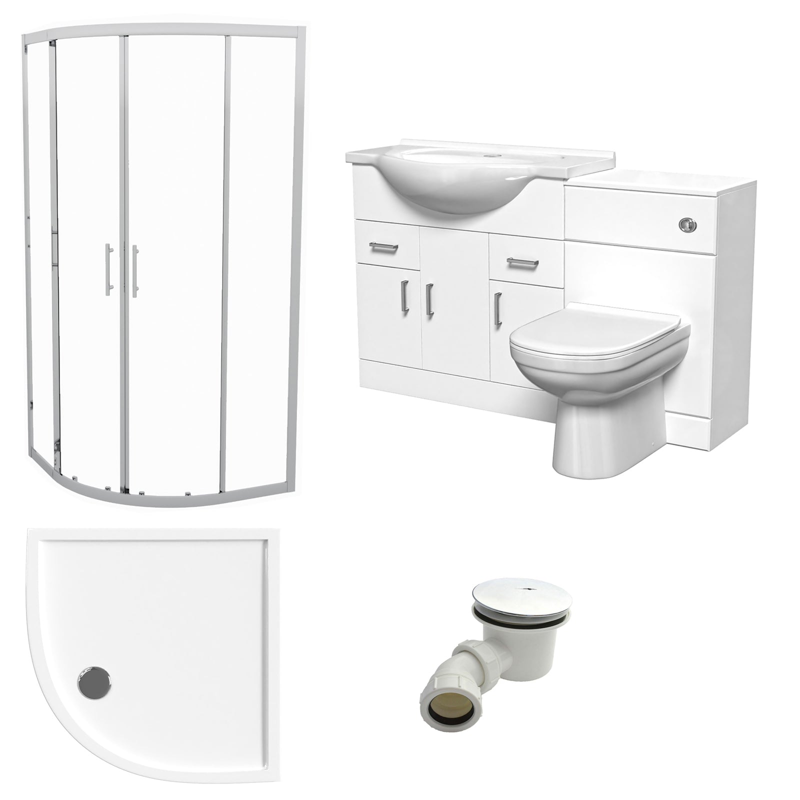 White 850mm Vanity, Toilet & 800mm Quadrant Shower Enclosure Tray Set