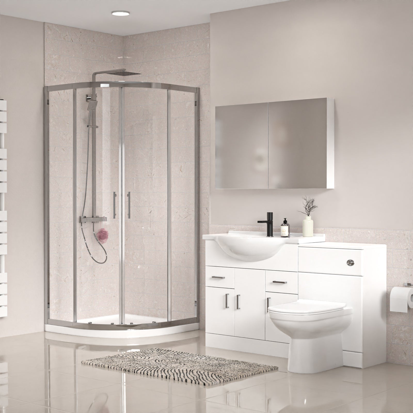 White 850mm Vanity, Toilet & 800mm Quadrant Shower Enclosure Tray Set