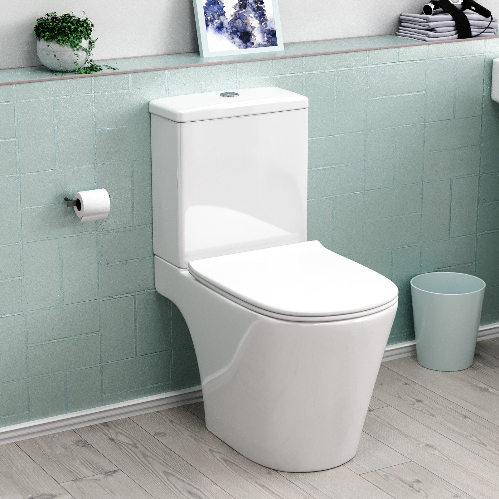 Bathroom Short Projection Rimless Close Coupled Toilet Pan & Seat