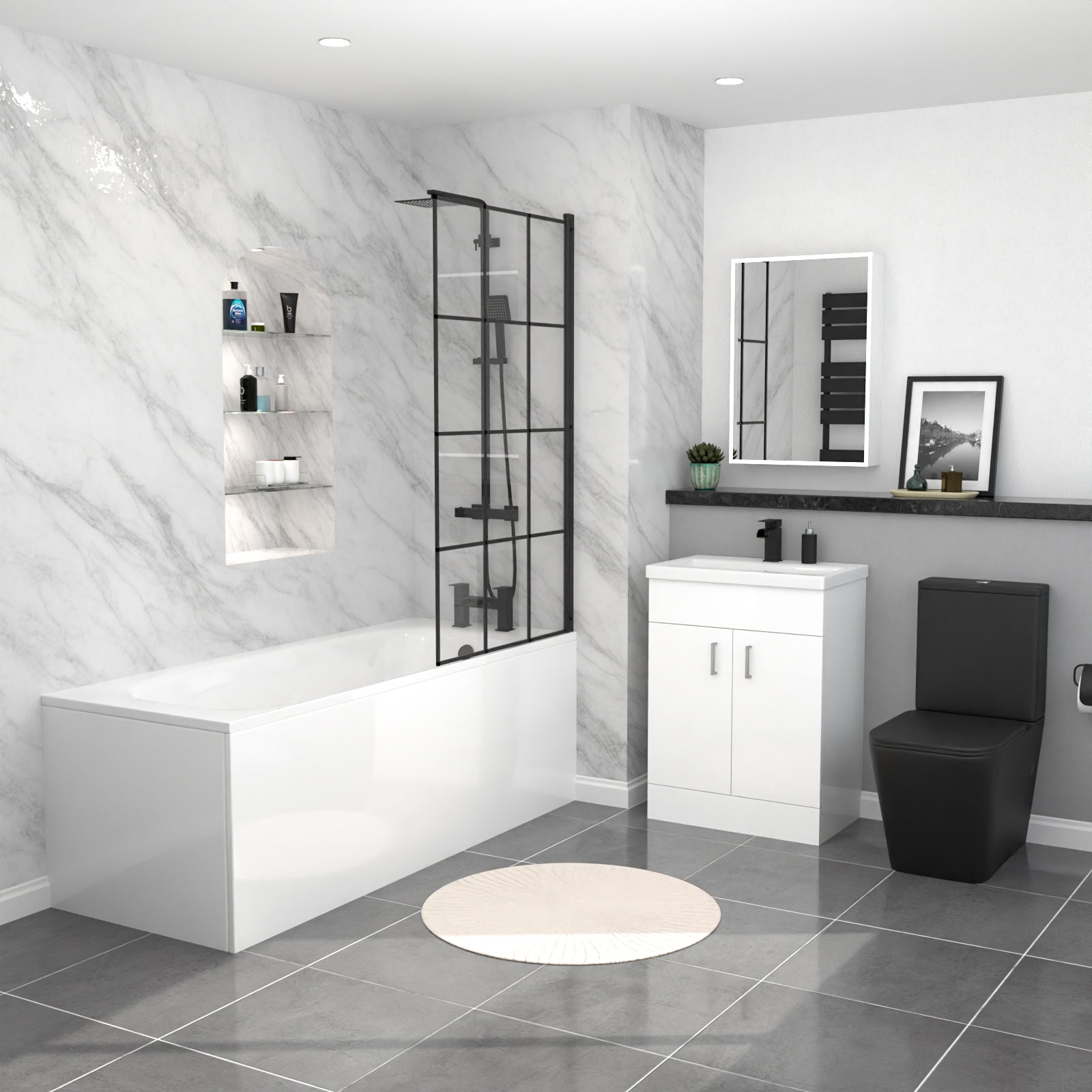 Nanuya Black Square Toilet Vanity Bathroom Suite, Bath & Grid Bath Screen