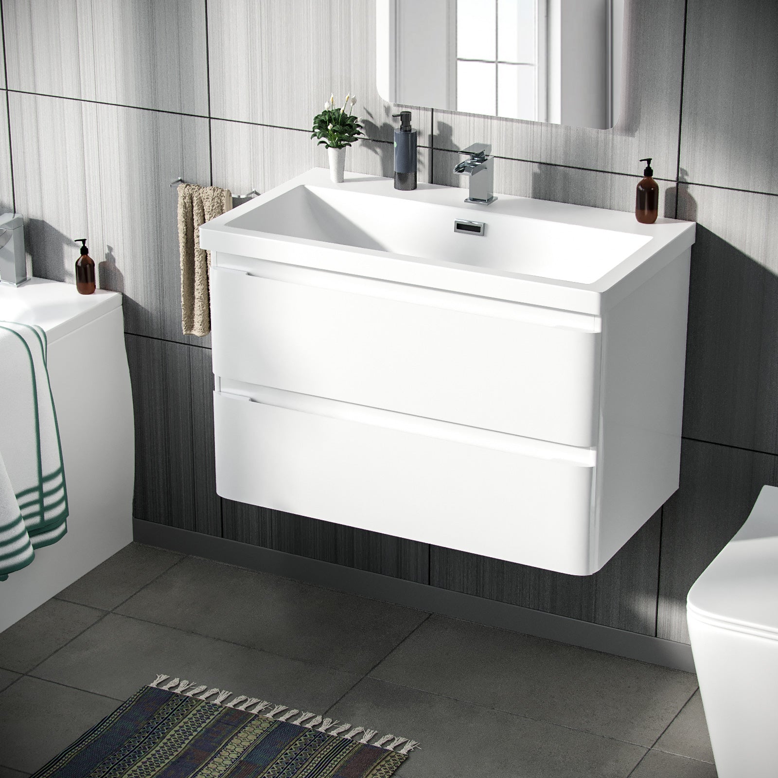 Alaska 800mm 2-drawer Wall Hung White Vanity Cabinet Basin Sink Unit