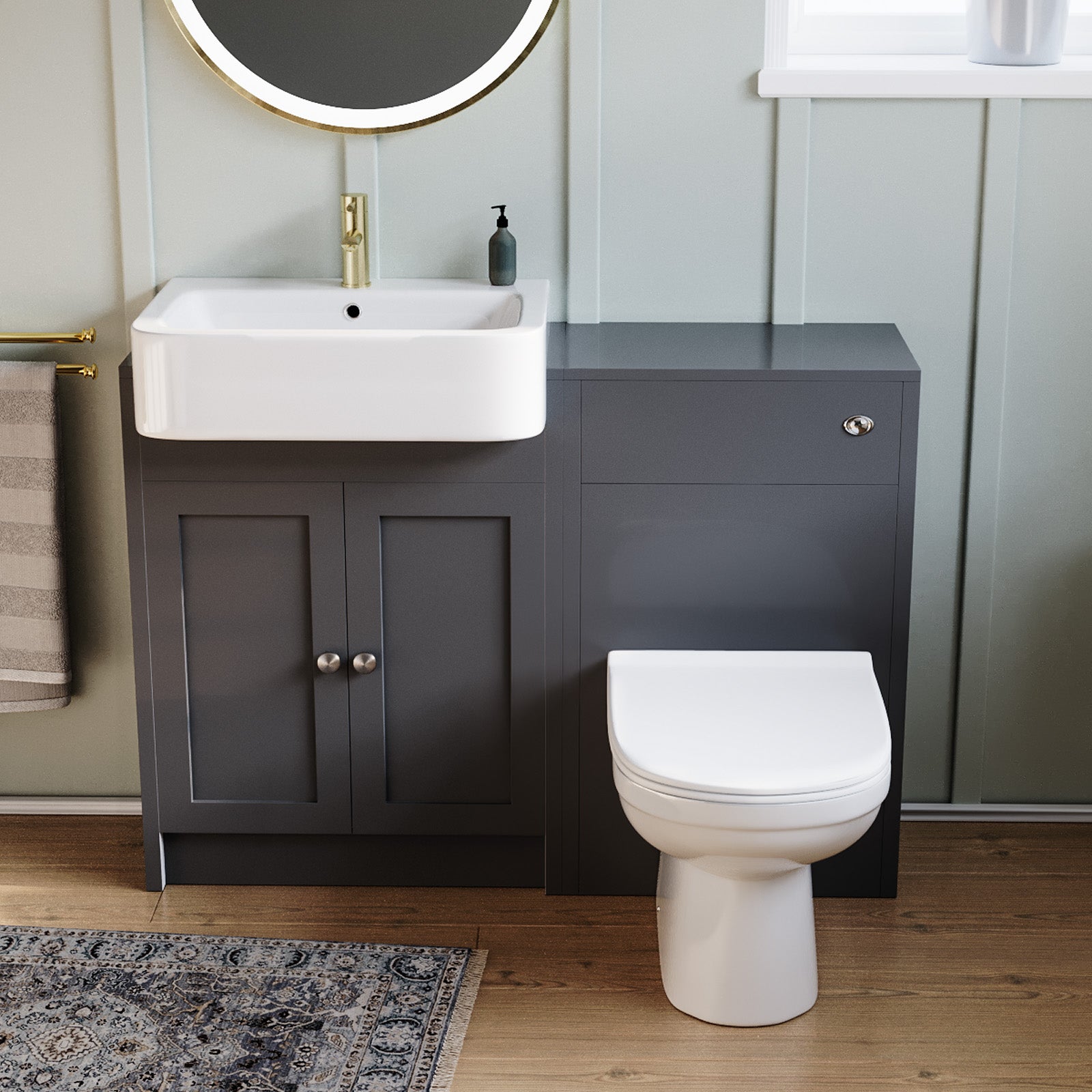 Dark Grey 1100mm Traditional Vanity Basin WC Unit & BTW Toilet Set Unit Bathroom