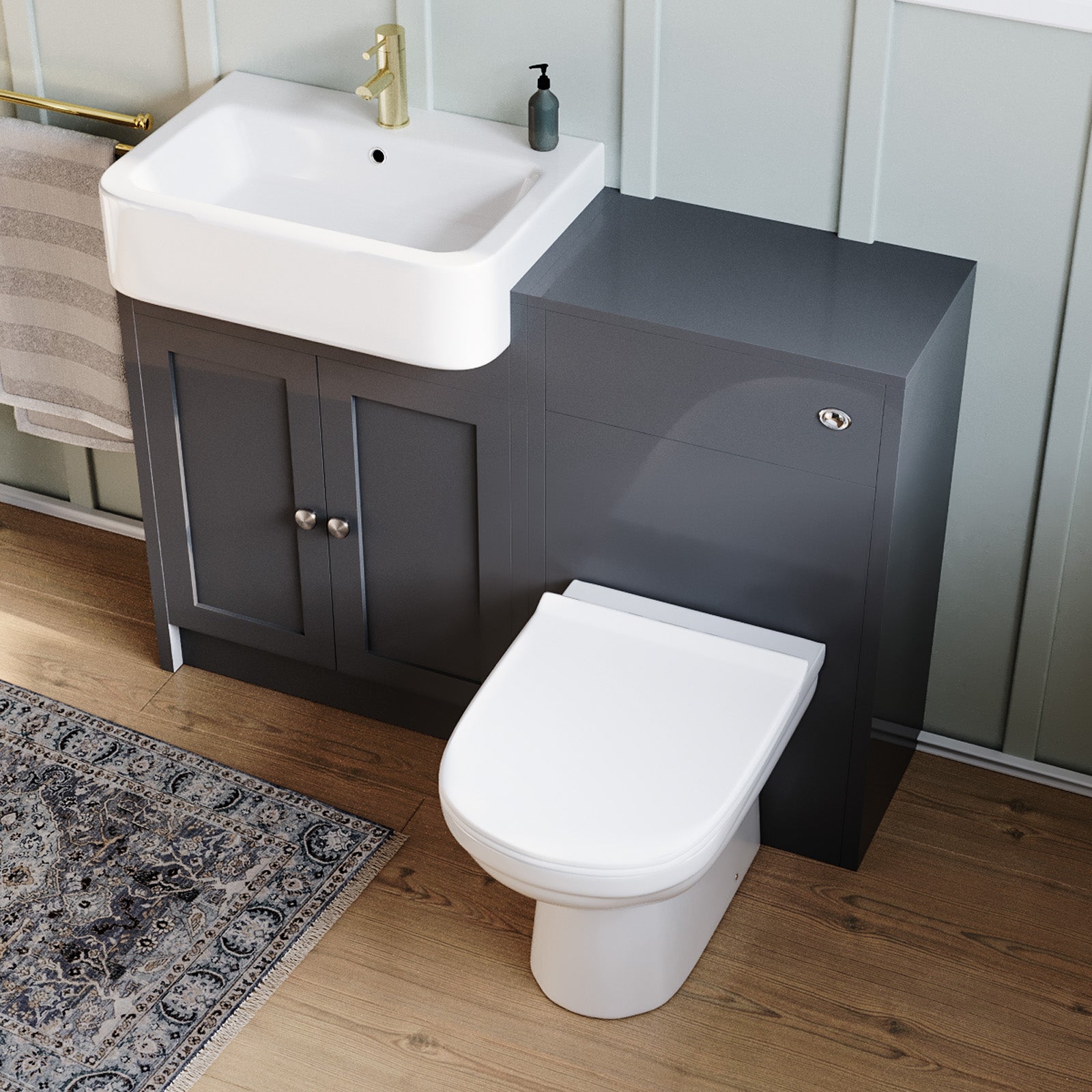 Dark Grey 1100mm Traditional Vanity Basin WC Unit & BTW Toilet Set Unit Bathroom