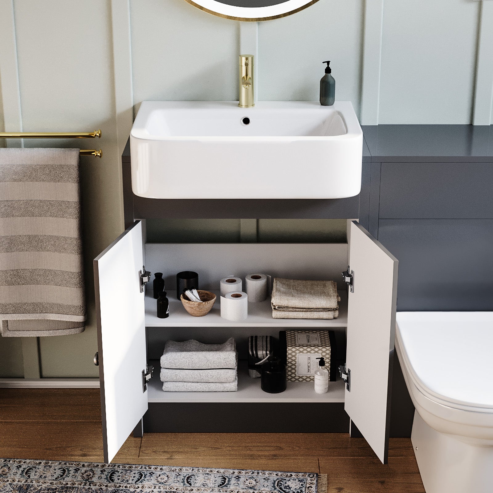 Dark Grey 1100mm Traditional Vanity Basin WC Unit & BTW Toilet Set Unit Bathroom