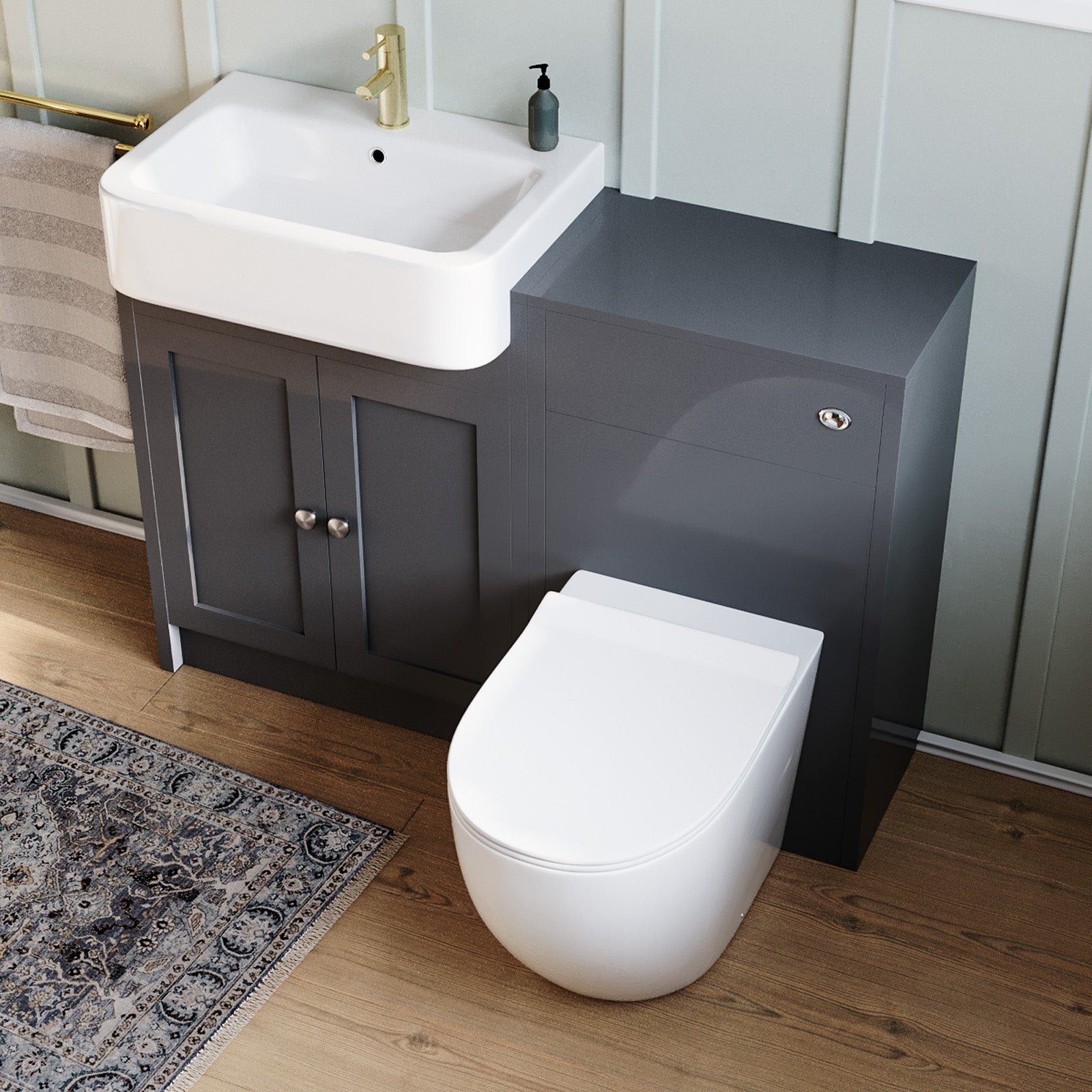 Dark Grey 1100mm Traditional Vanity Basin WC Unit & BTW Curve Toilet