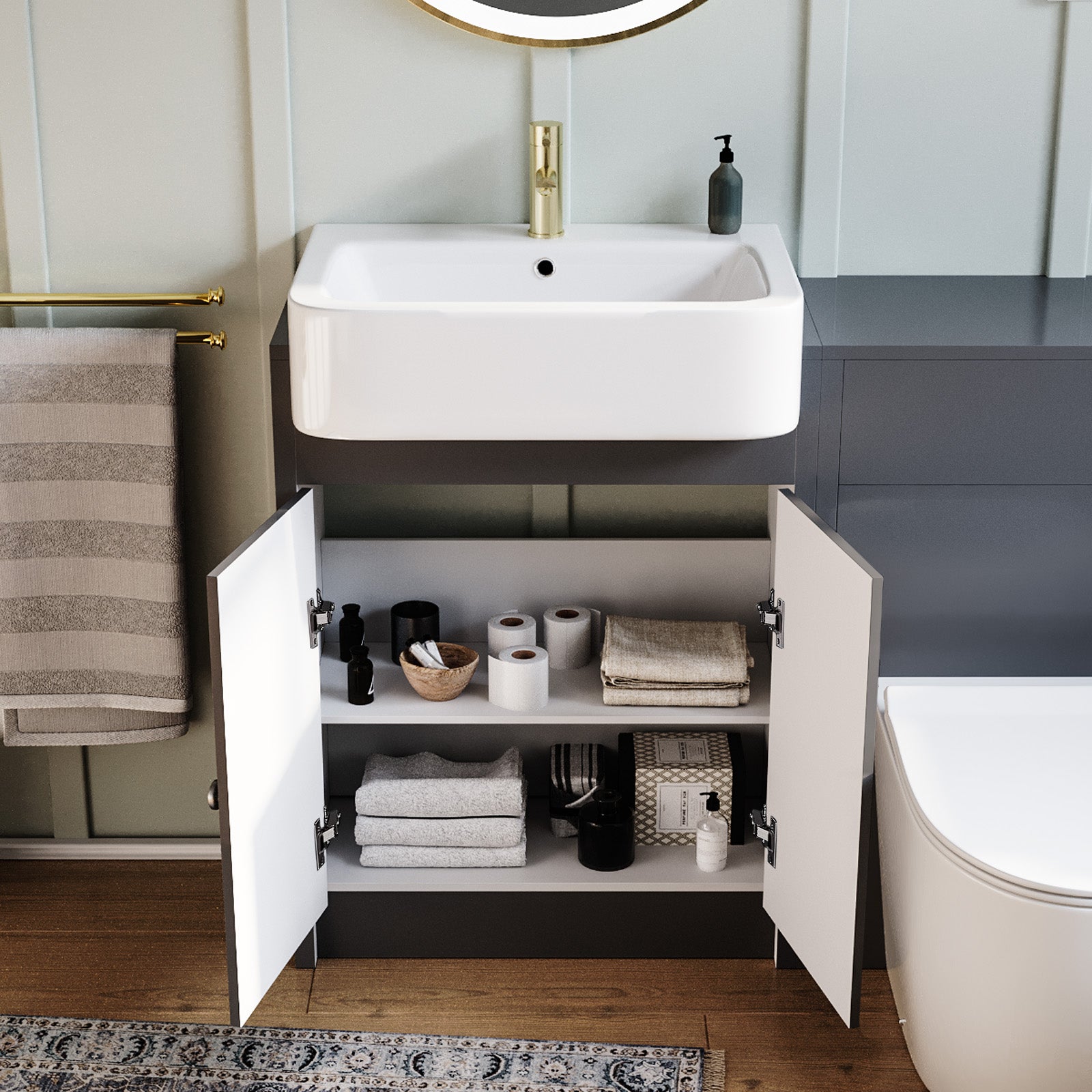 Dark Grey 1100mm Traditional Vanity Basin WC Unit & BTW Curve Toilet
