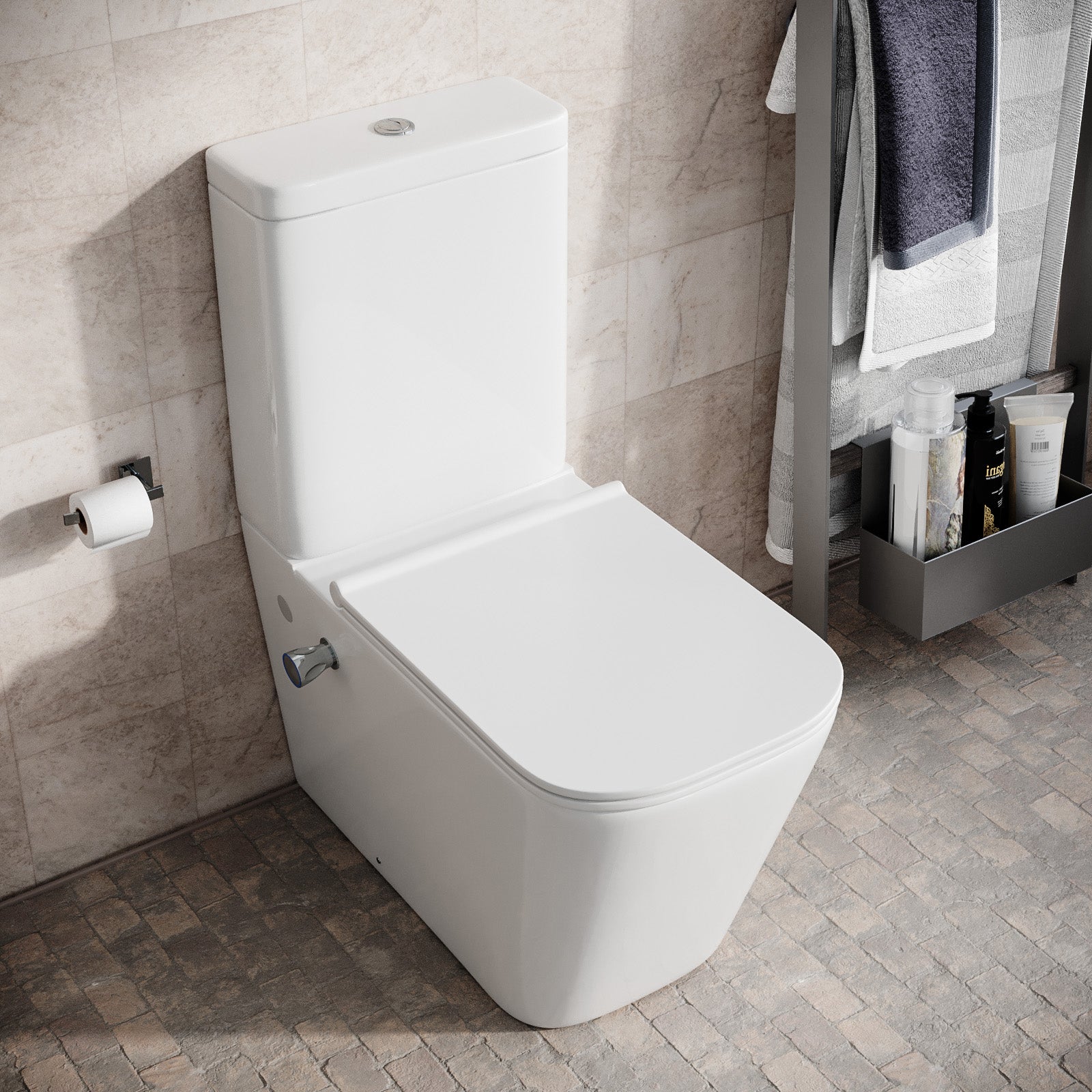 Square Rimless Close Coupled Toilet Without Bidet Nozzle and Valve