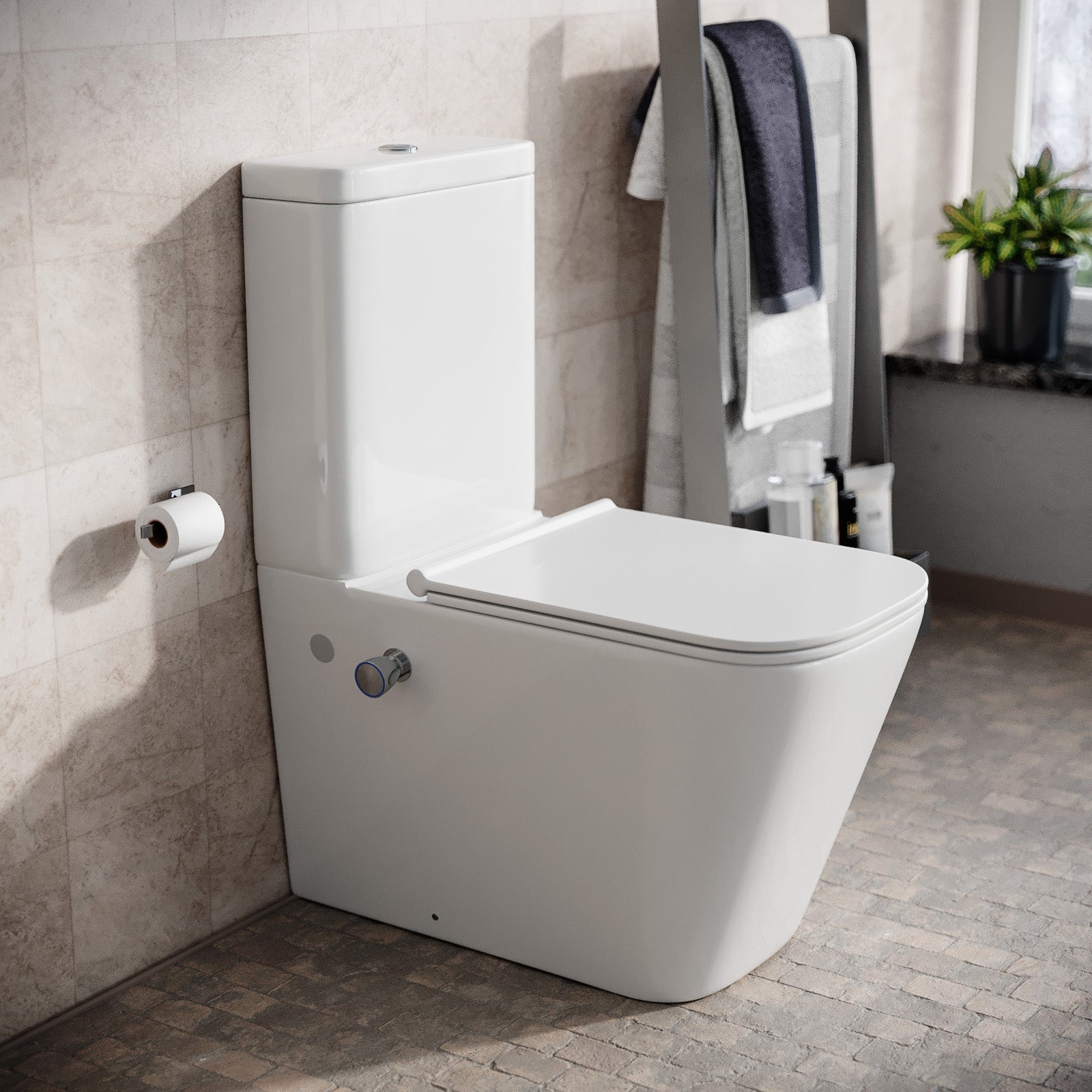 Rimless Square Close Coupled Toilet with Integrated Bidet