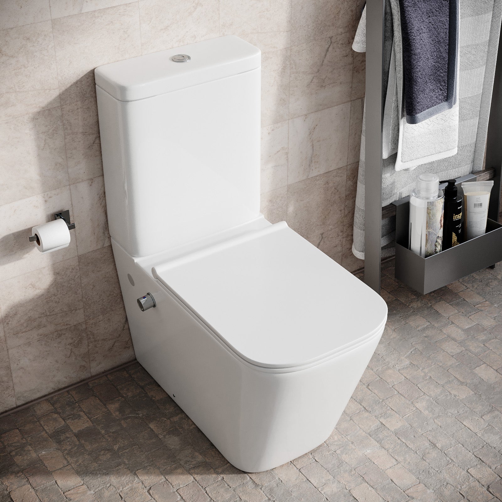 Rimless Square Close Coupled Toilet with Integrated Hot Cold Bidet