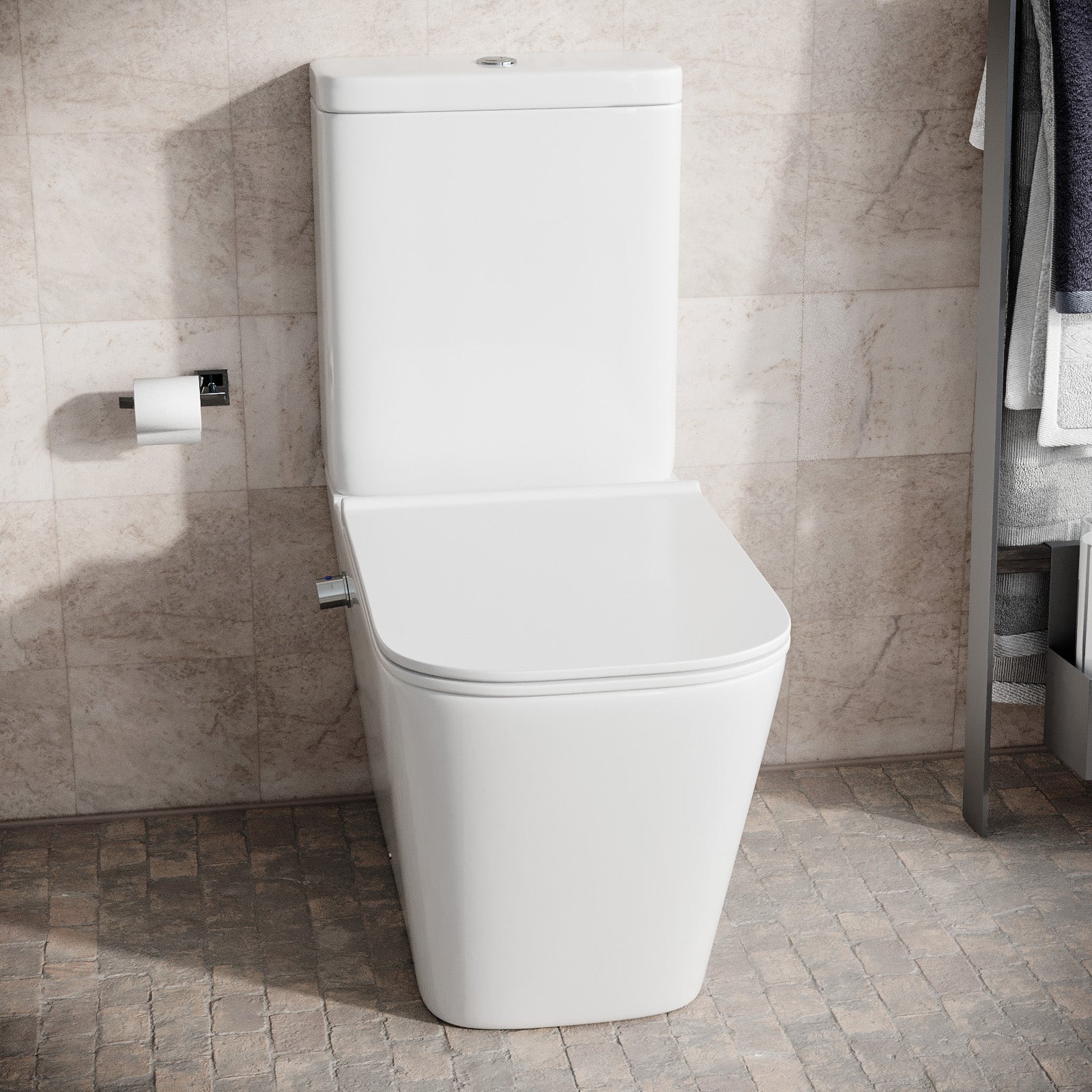 Rimless Square Close Coupled Toilet with Integrated Hot Cold Bidet