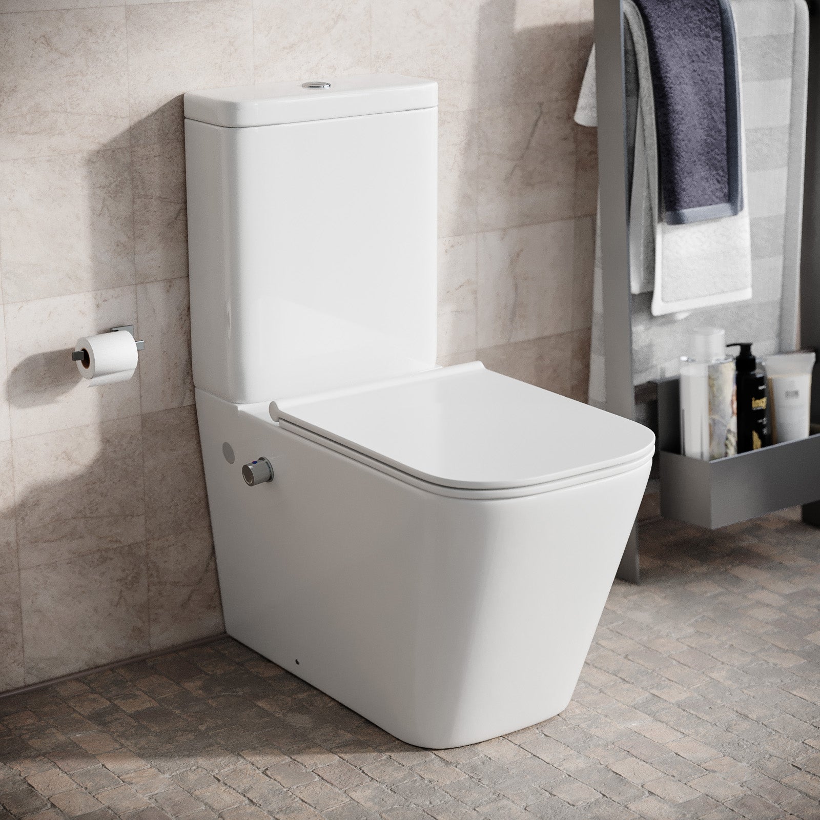 Rimless Square Close Coupled Toilet with Integrated Hot Cold Bidet