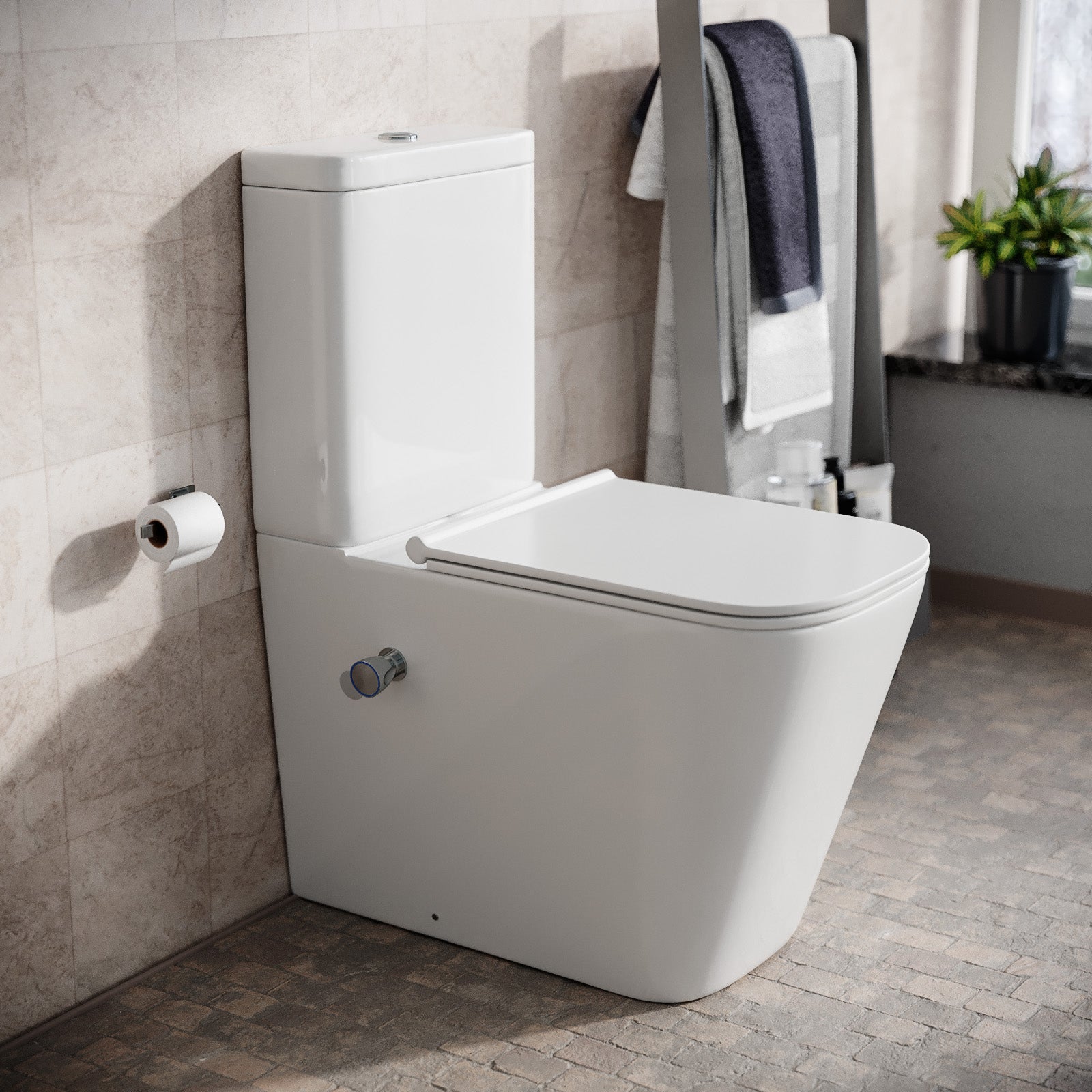 Comfort Height Rimless Close Coupled Toilet With Integrated Bidet Valve