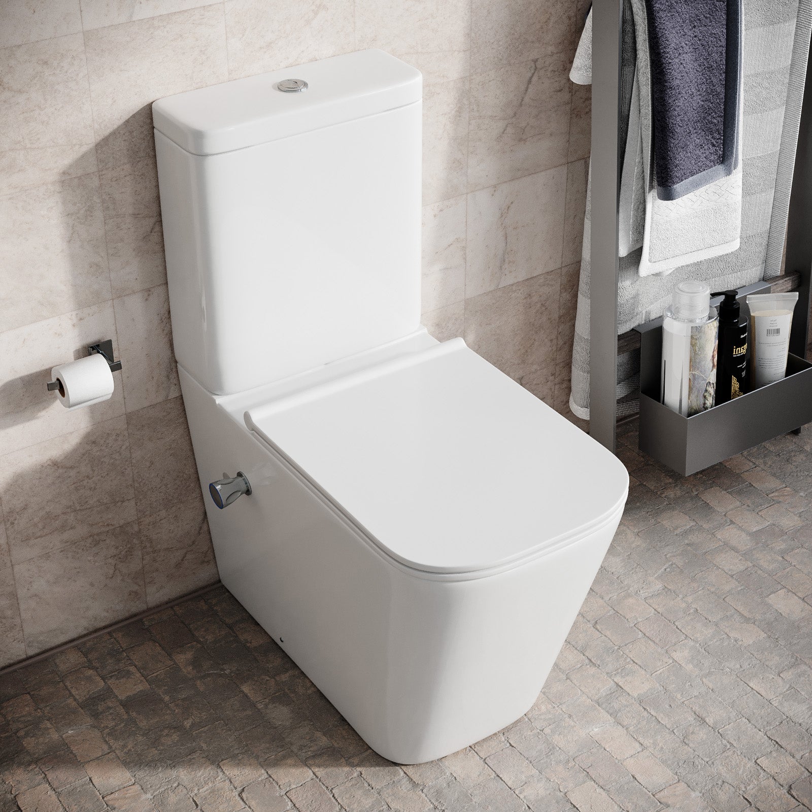 Comfort Height Rimless Close Coupled Toilet With Integrated Bidet Valve