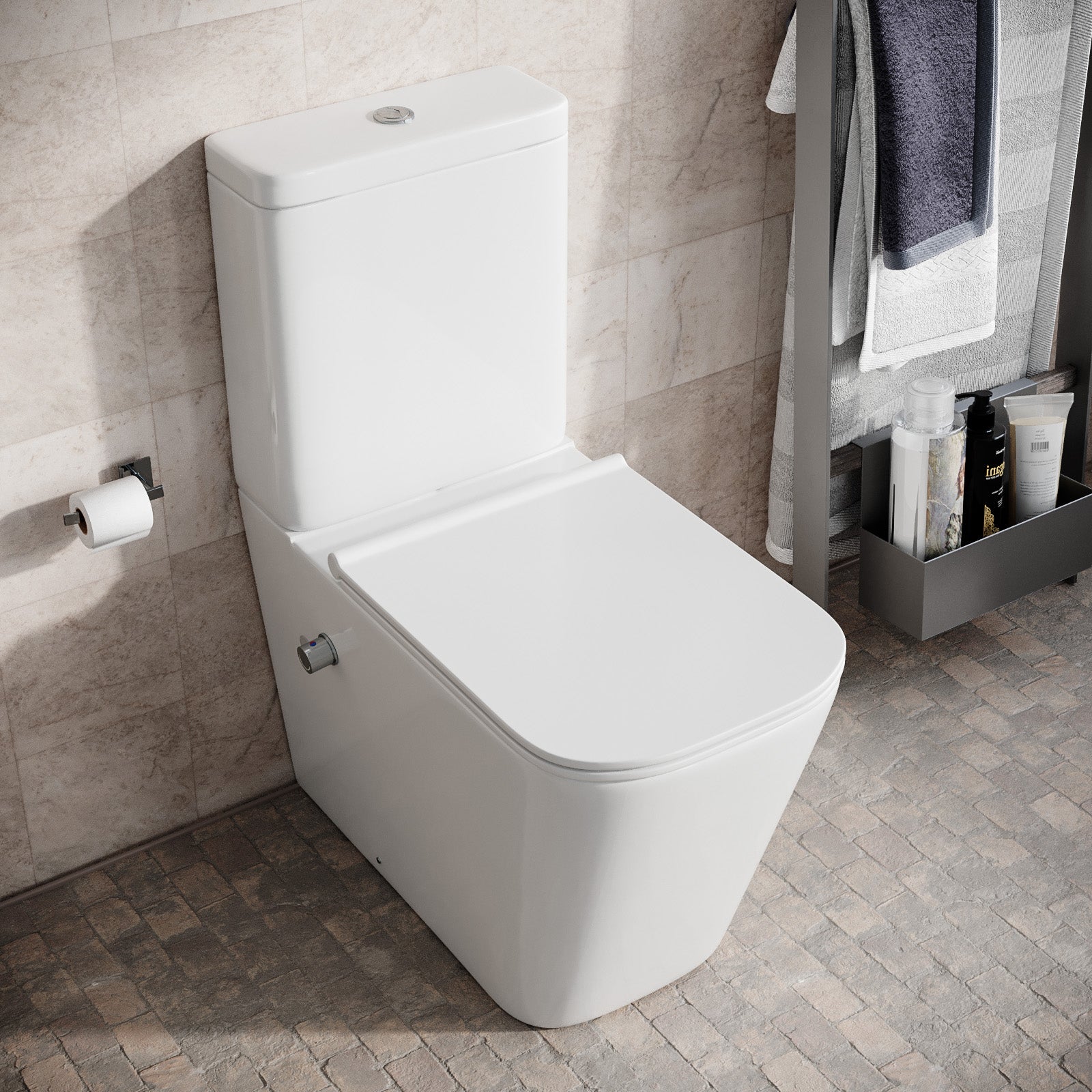 Comfort Height Close Coupled Toilet Pan With Integrated Hot Cold Bidet Valve set
