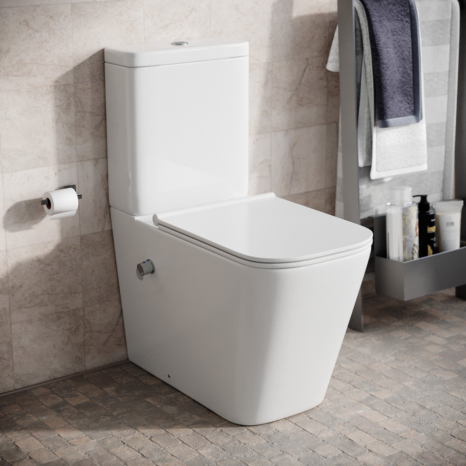 Comfort Height Close Coupled Toilet Pan With Integrated Hot Cold Bidet Valve set