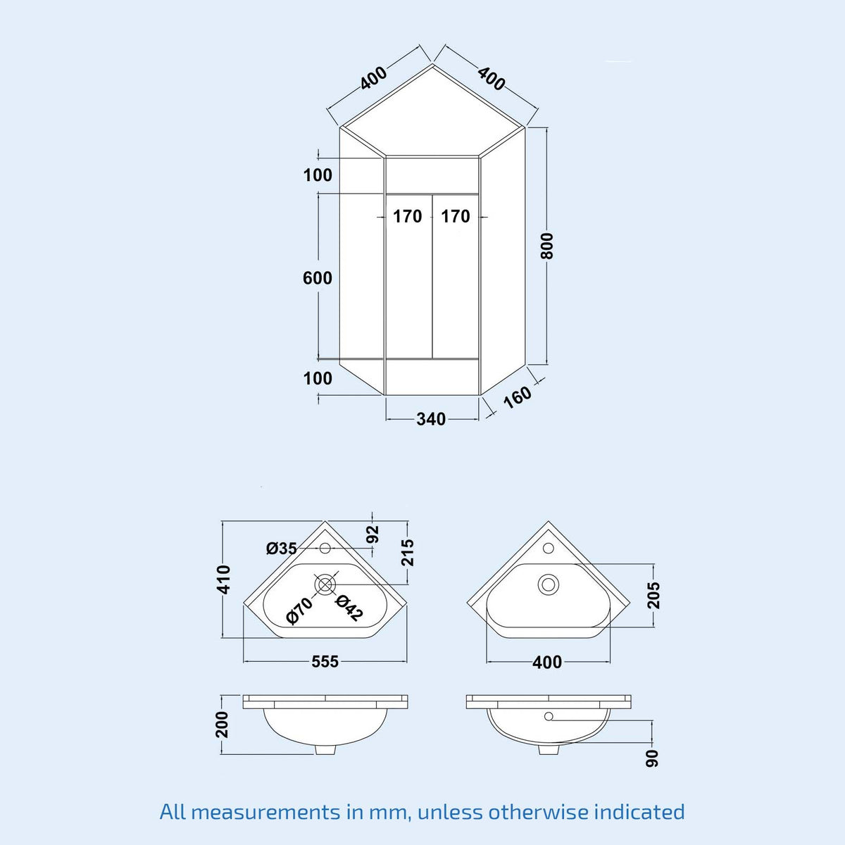 Nanuya White 550mm Corner Vanity Unit with Ceramic Basin & Round Rimless Toilet Set