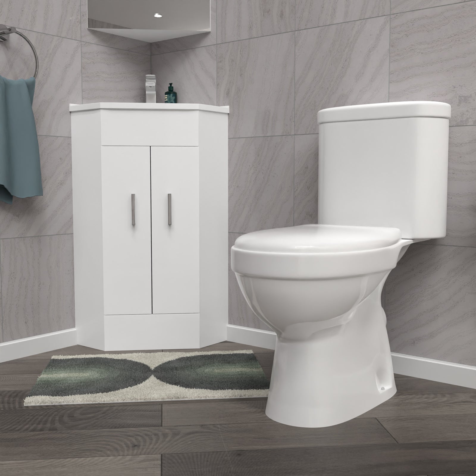 Nanuya White Corner Vanity Unit with Ceramic Basin & Toilet Set