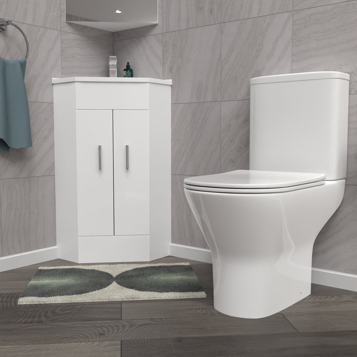 Nanuya White 550mm Corner Vanity Unit with Ceramic Basin & Round Rimless Toilet Set