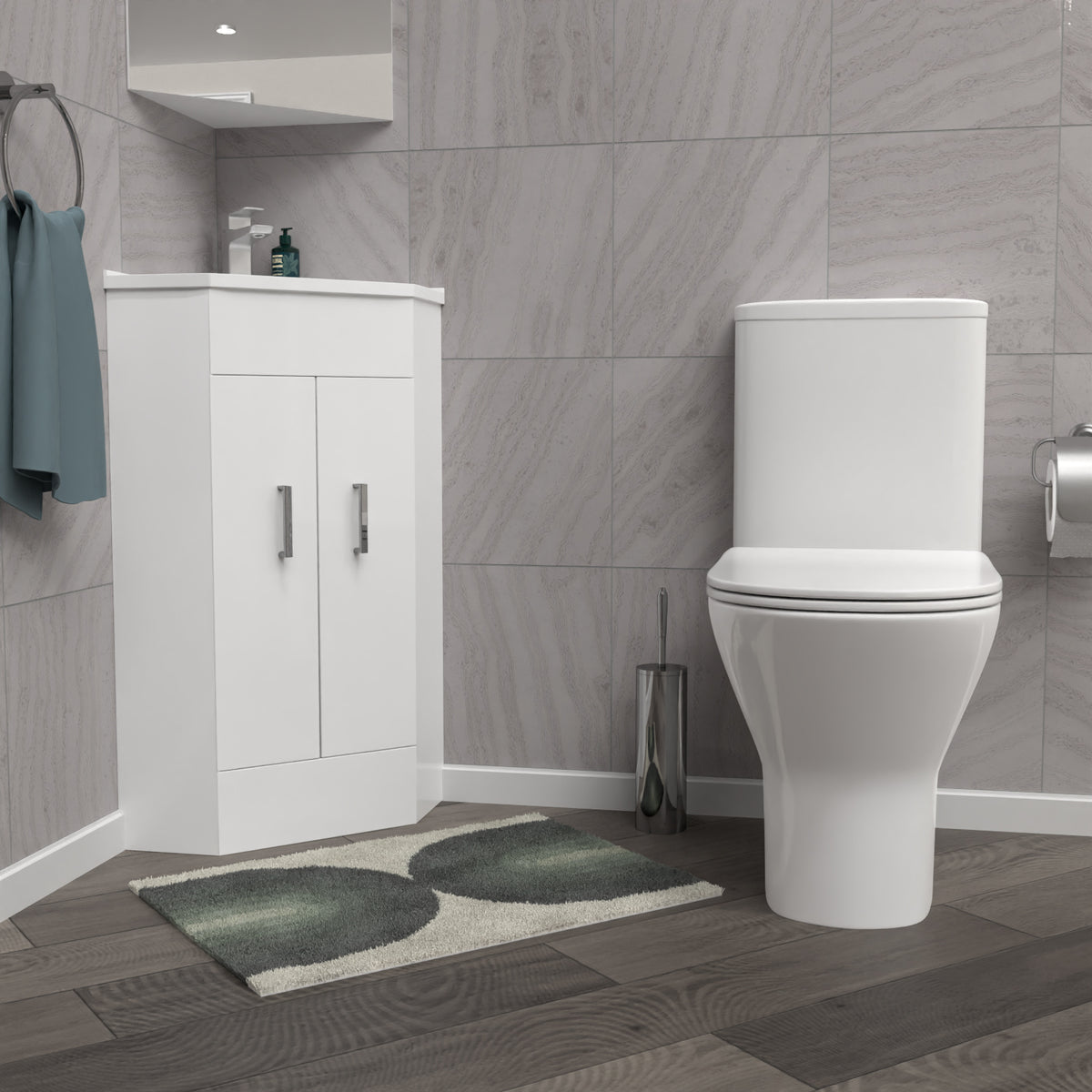 Nanuya White 550mm Corner Vanity Unit with Ceramic Basin & Round Rimless Toilet Set