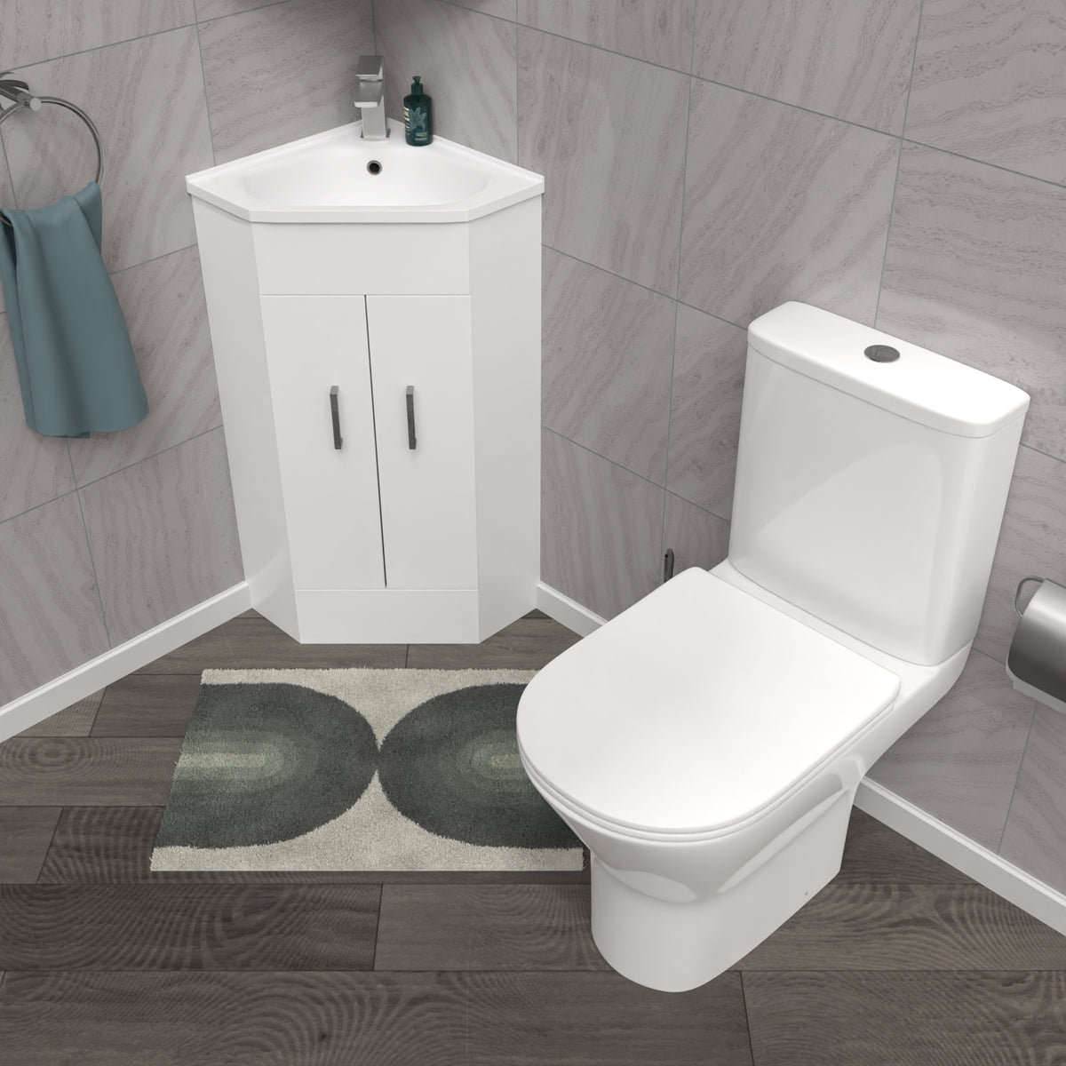 Nanuya White 550mm Corner Vanity Unit with Ceramic Basin & Round Rimless Toilet Set