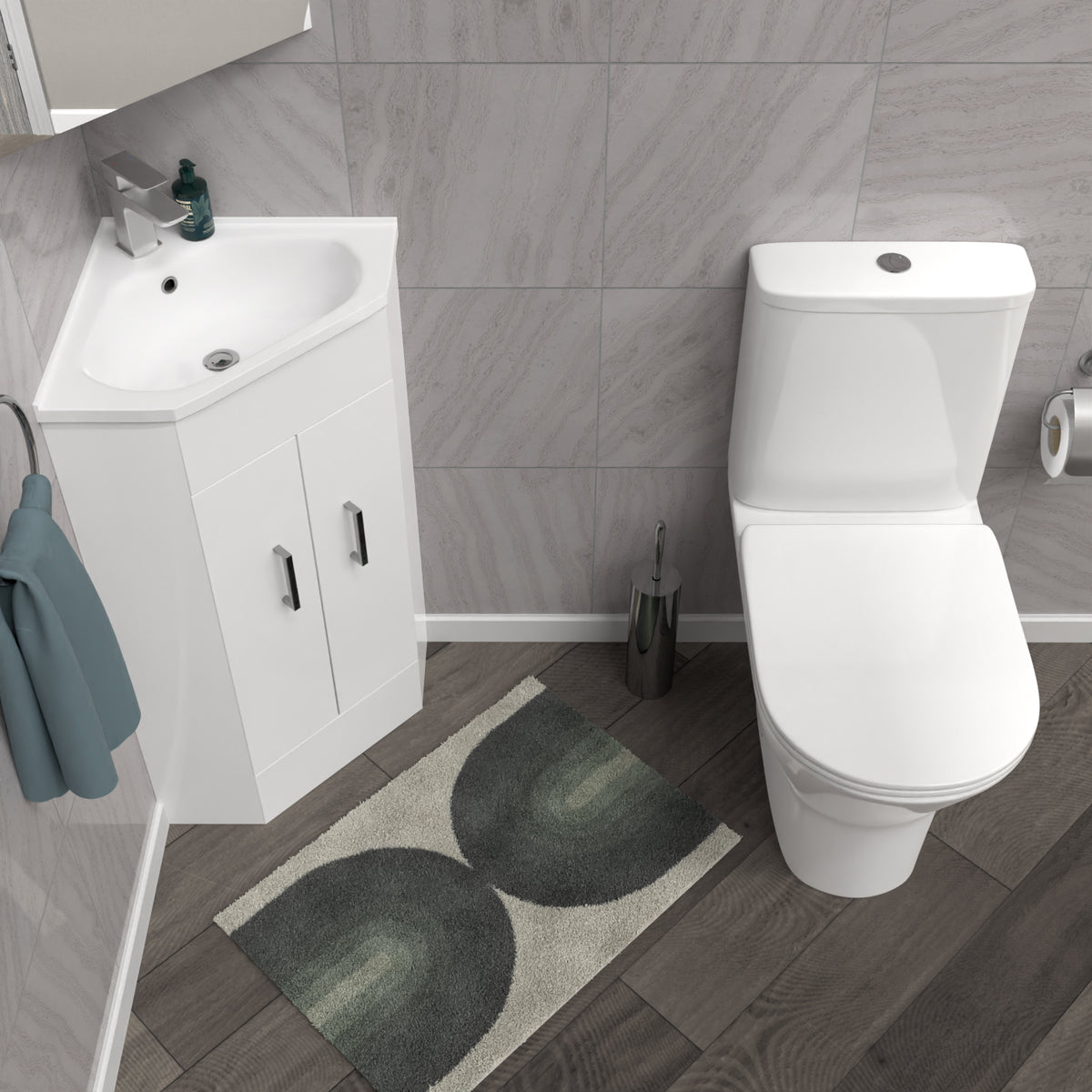 Nanuya White 550mm Corner Vanity Unit with Ceramic Basin & Round Rimless Toilet Set