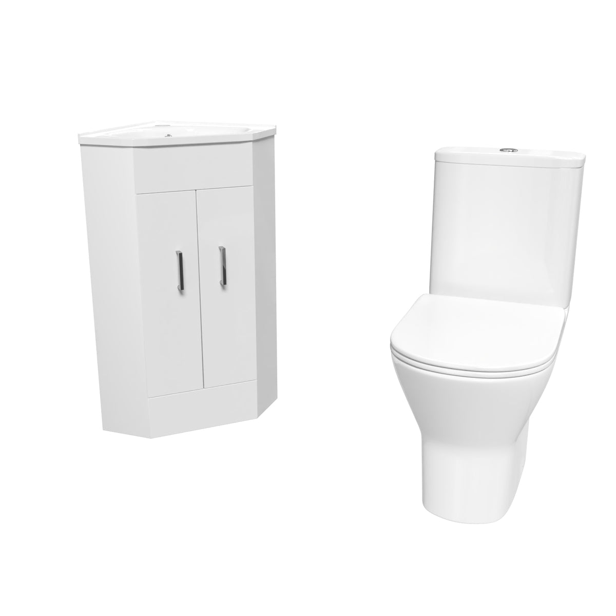 Nanuya White 550mm Corner Vanity Unit with Ceramic Basin & Round Rimless Toilet Set