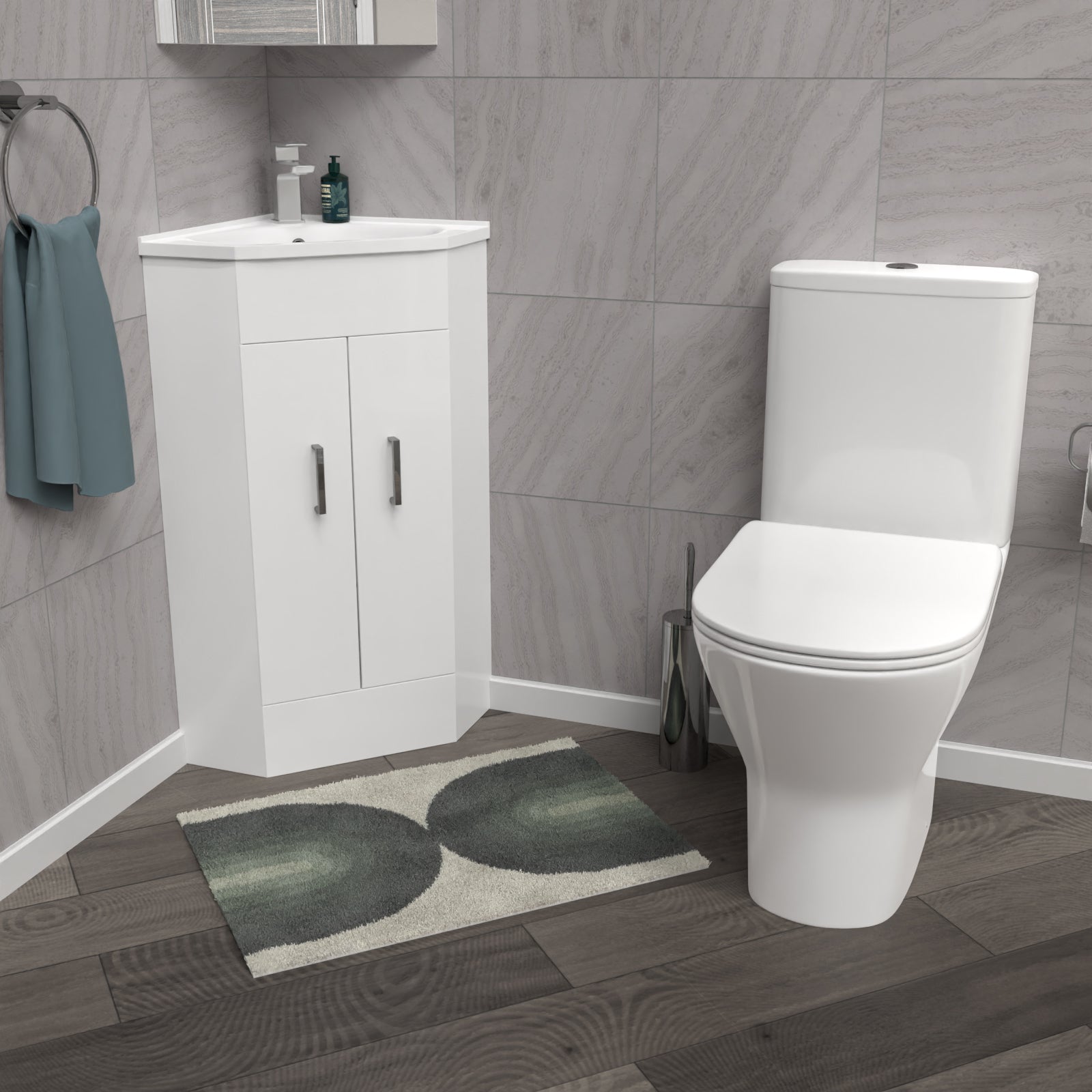 Nanuya White Corner Vanity Unit with Ceramic Basin & Round Rimless Toilet Set