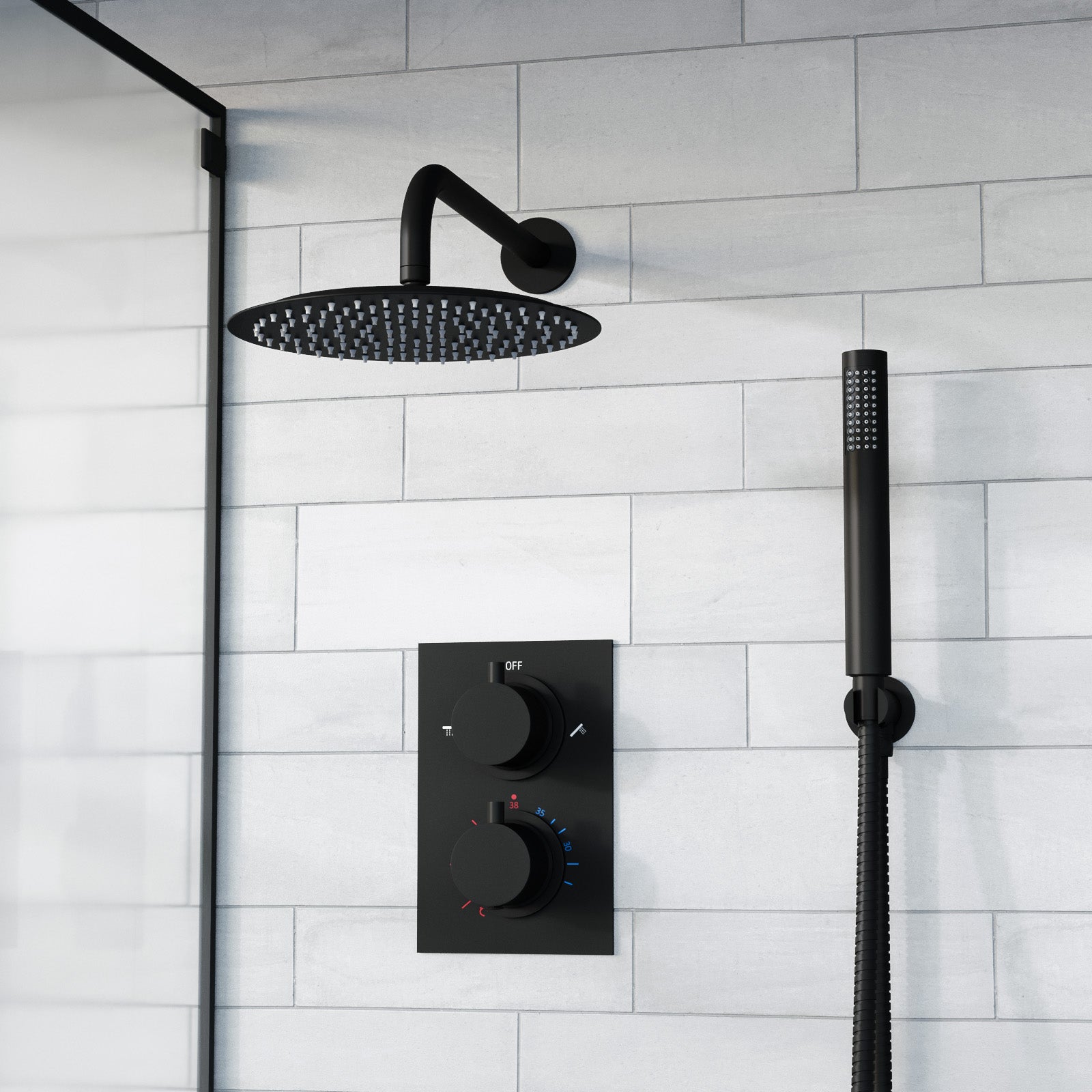 Folke 2 Dial 2 Way Round or Square Concealed Thermostatic Shower Mixer Valve, Shower Head, and Handset Chrome or Black