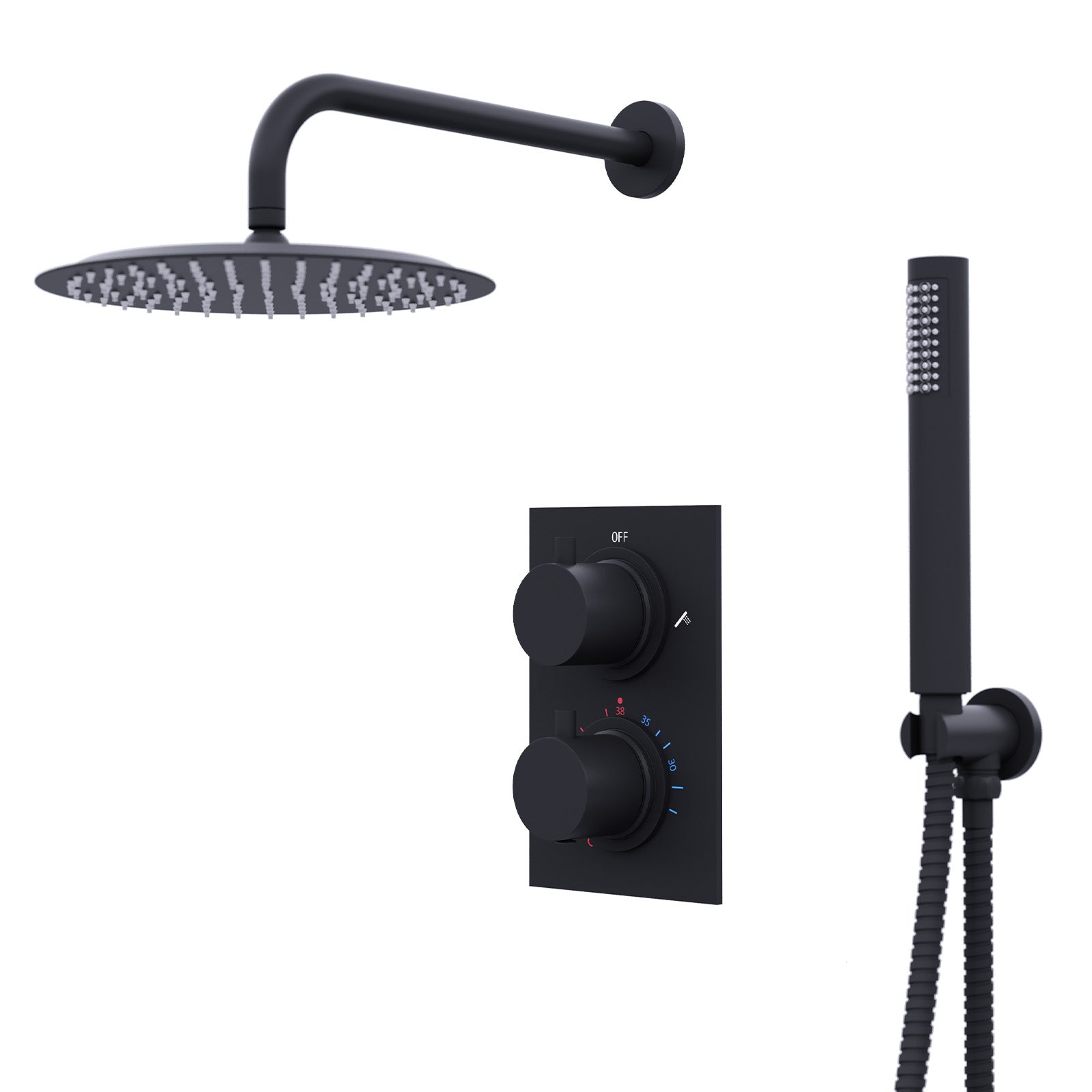 Folke 2 Dial 2 Way Round Concealed Thermostatic Shower Mixer Valve, Shower Head, and Handset Black Matte