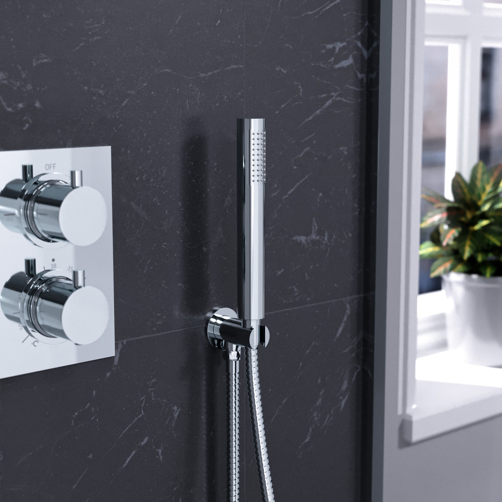 Folke 2 Dial 2 Way Round or Square Concealed Thermostatic Shower Mixer Valve, Shower Head, and Handset Chrome or Black