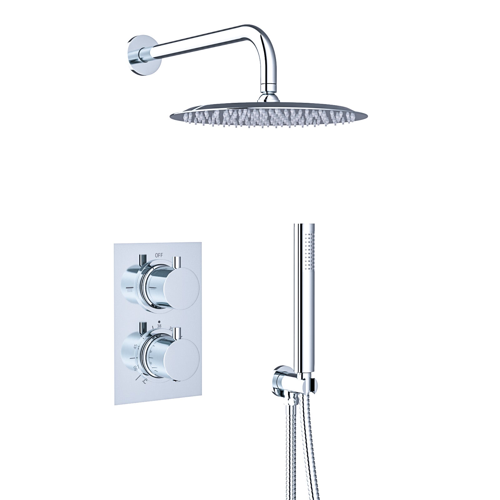 Folke 2 Dial 2 Way Round or Square Concealed Thermostatic Shower Mixer Valve, Shower Head, and Handset Chrome or Black