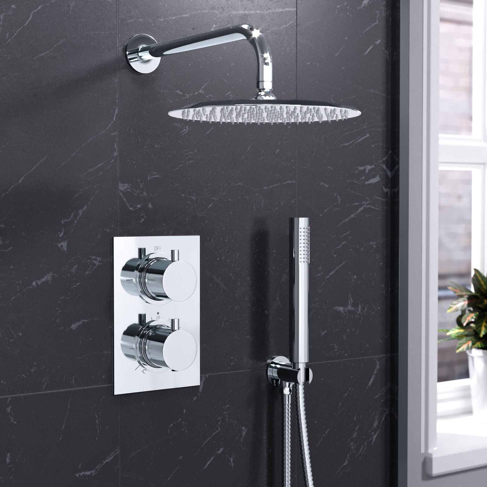 Folke 2 Dial 2 Way Round or Square Concealed Thermostatic Shower Mixer Valve, Shower Head, and Handset Chrome or Black