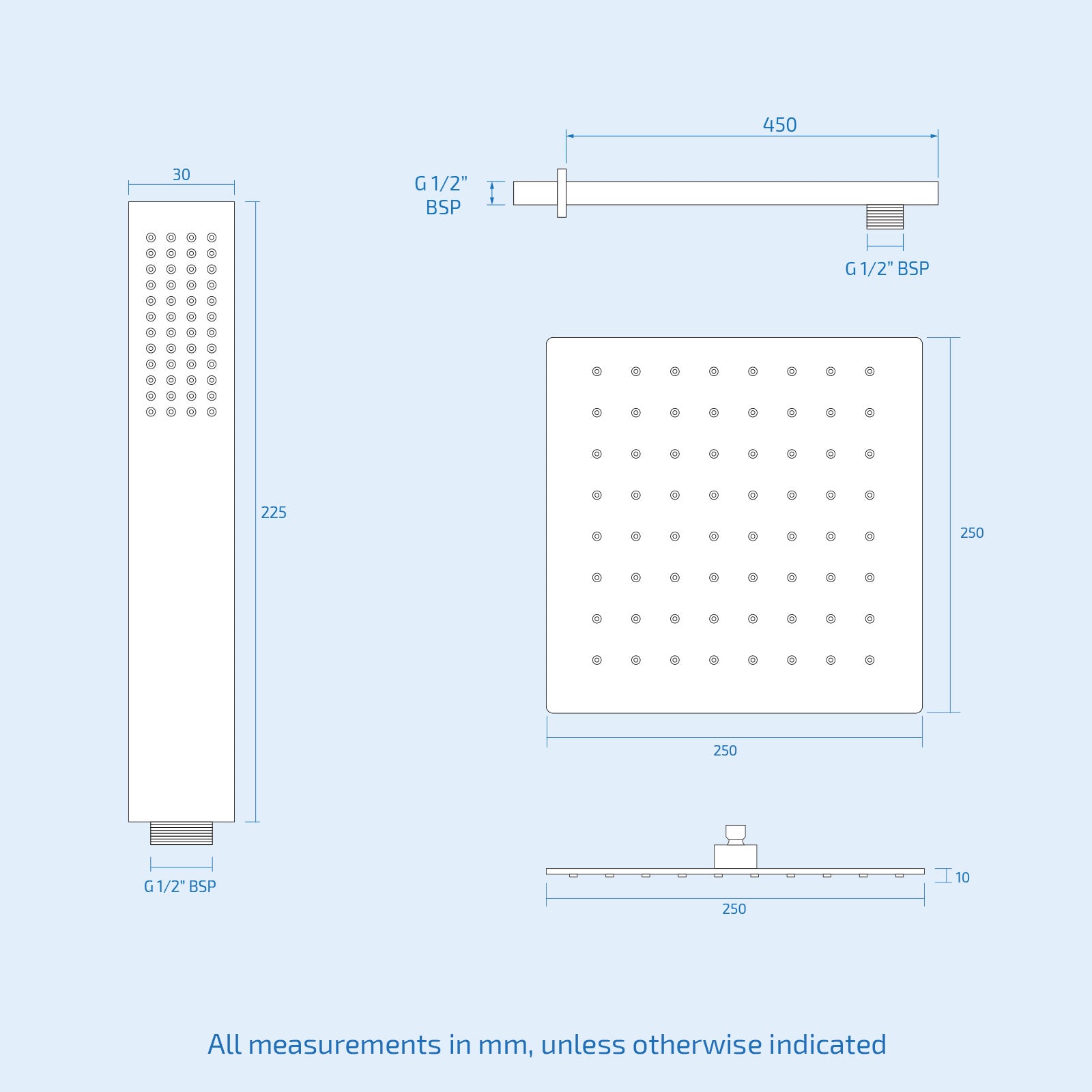 Folke 2 Dial 2 Way Round or Square Concealed Thermostatic Shower Mixer Valve, Shower Head, and Handset Chrome or Black