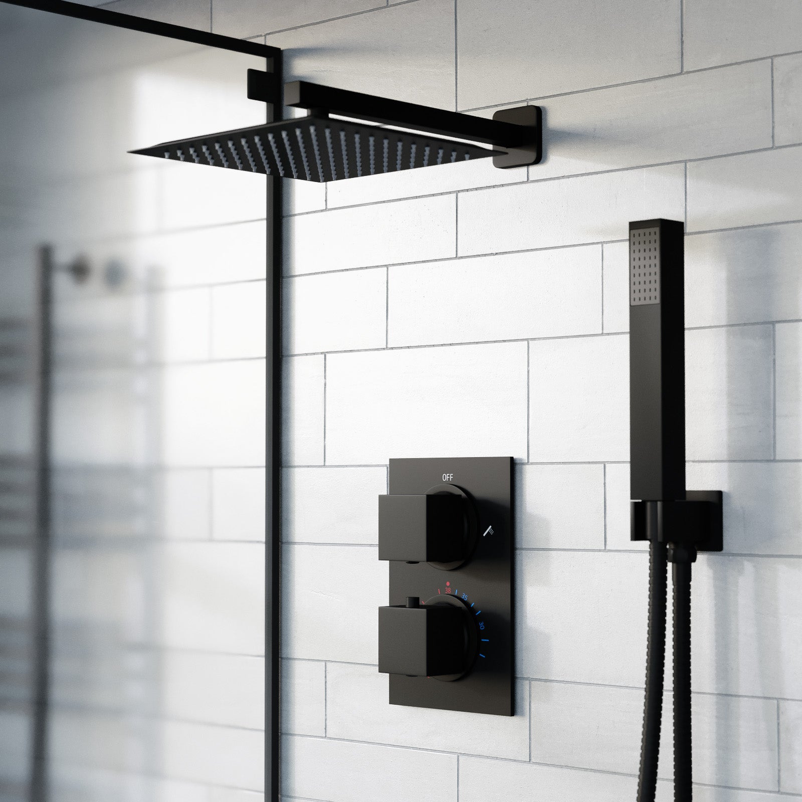 Folke 2 Dial 2 Way Round or Square Concealed Thermostatic Shower Mixer Valve, Shower Head, and Handset Chrome or Black