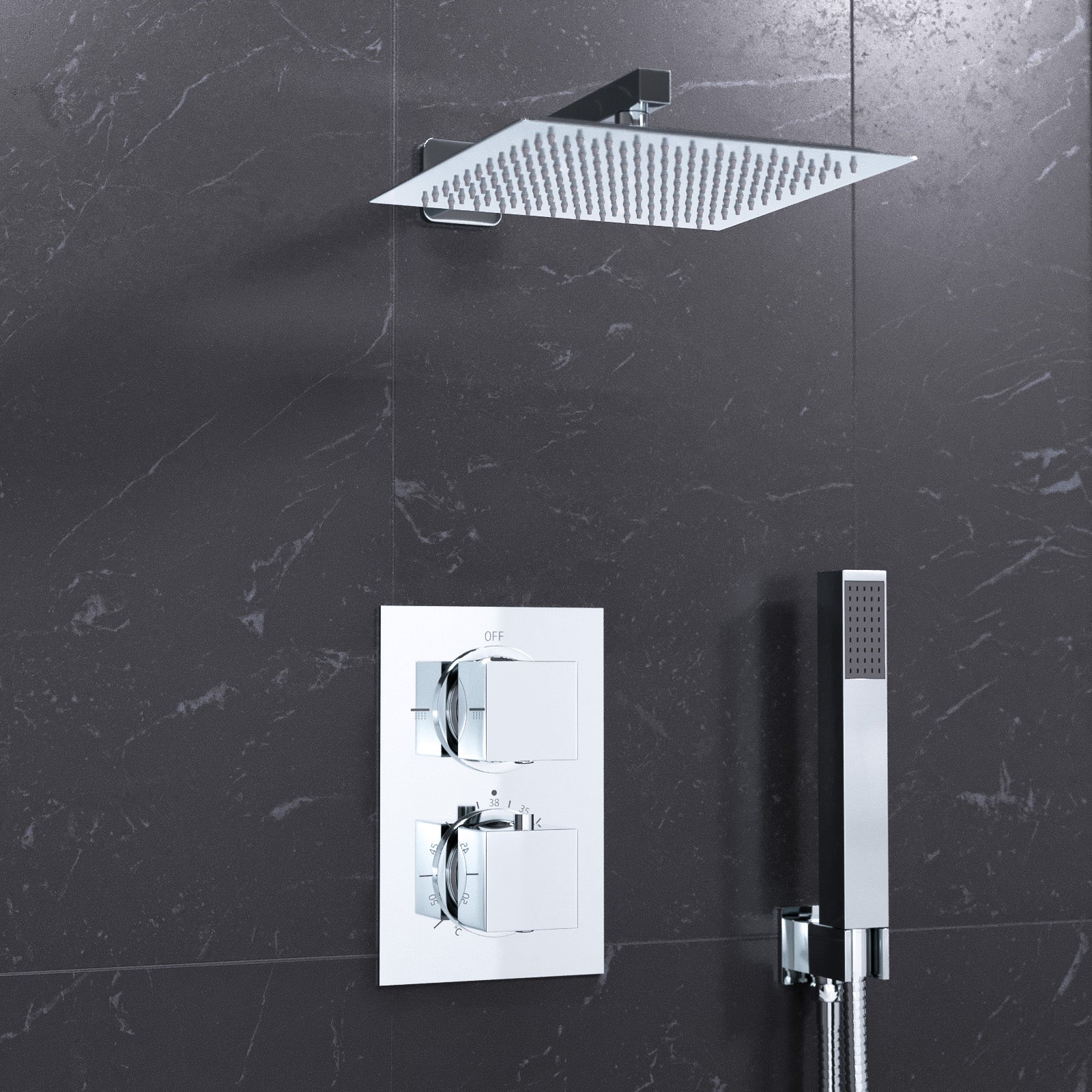 Folke 2 Dial 2 Way Round or Square Concealed Thermostatic Shower Mixer Valve, Shower Head, and Handset Chrome or Black