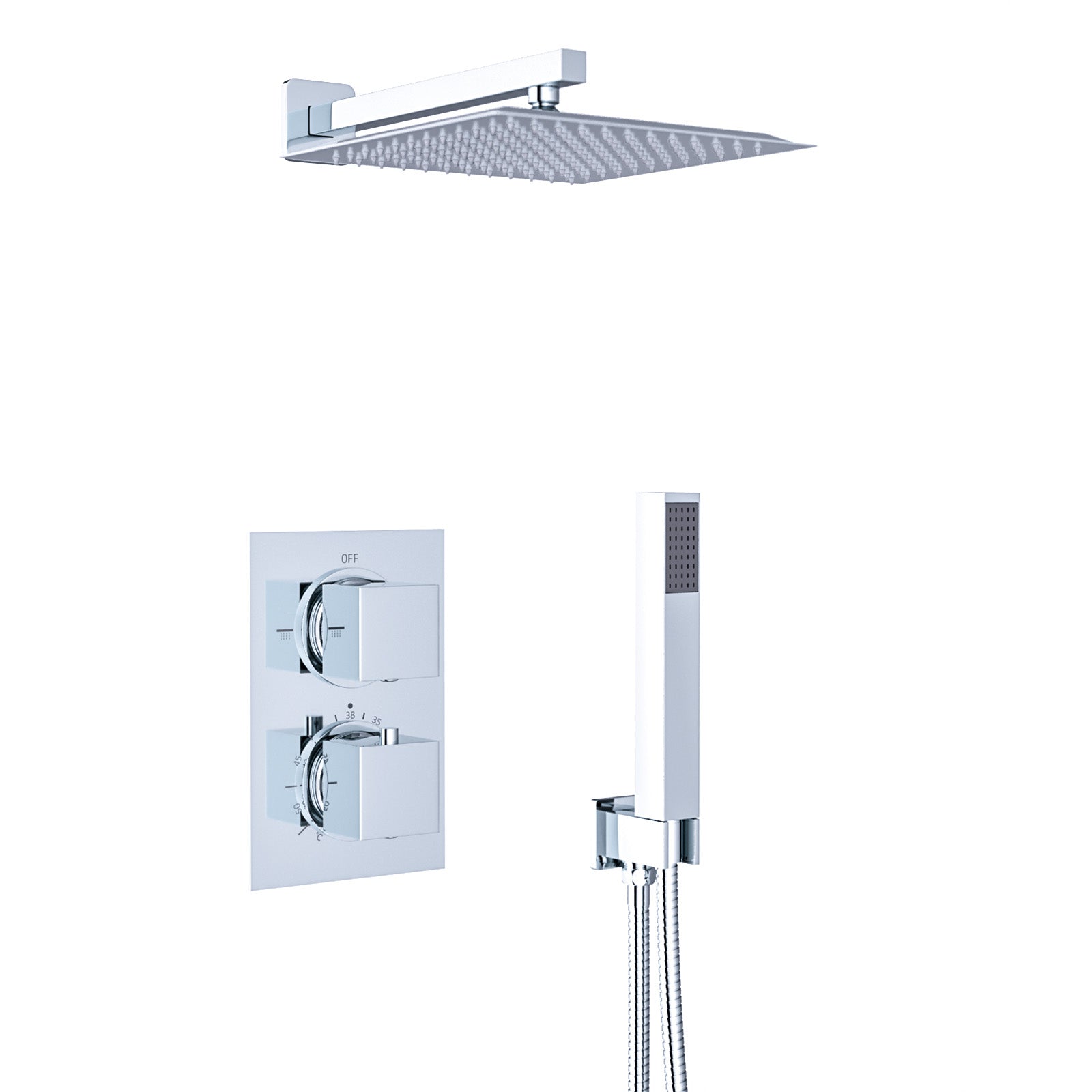 2 Dial 2 Way Square Concealed Thermostatic Shower Mixer,Head,Handset set Chrome