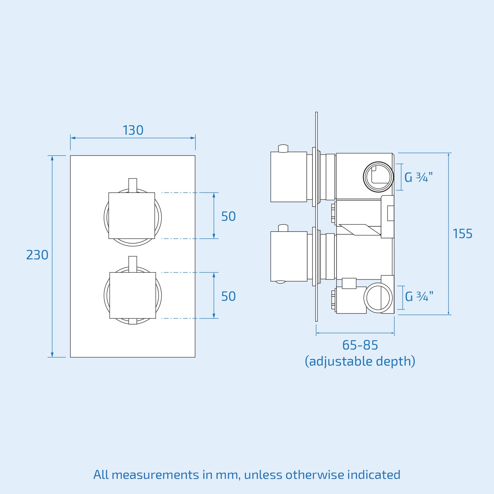 Folke 2 Dial 2 Way Round or Square Concealed Thermostatic Shower Mixer Valve, Shower Head, and Handset Chrome or Black