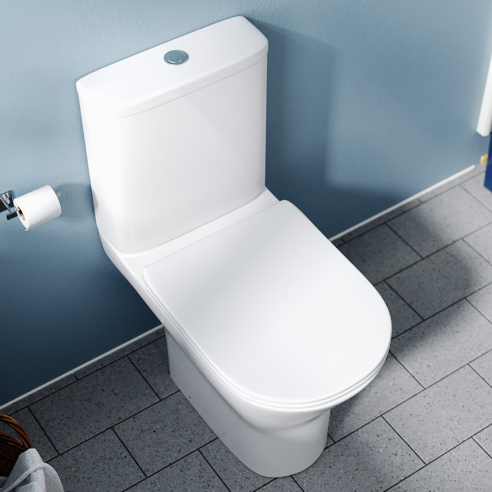 Theo Contemporary Round Rimless Close Coupled Toilet With Soft Close Seat