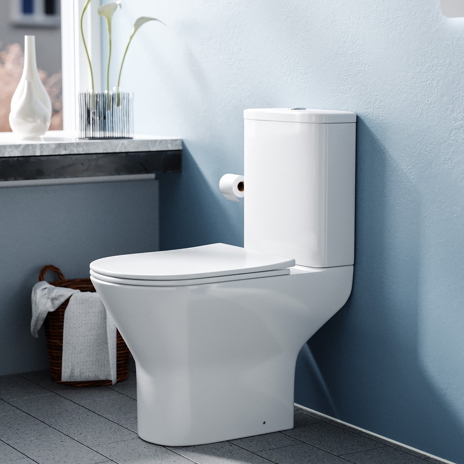Theo Contemporary Round Rimless Close Coupled Toilet With Soft Close Seat
