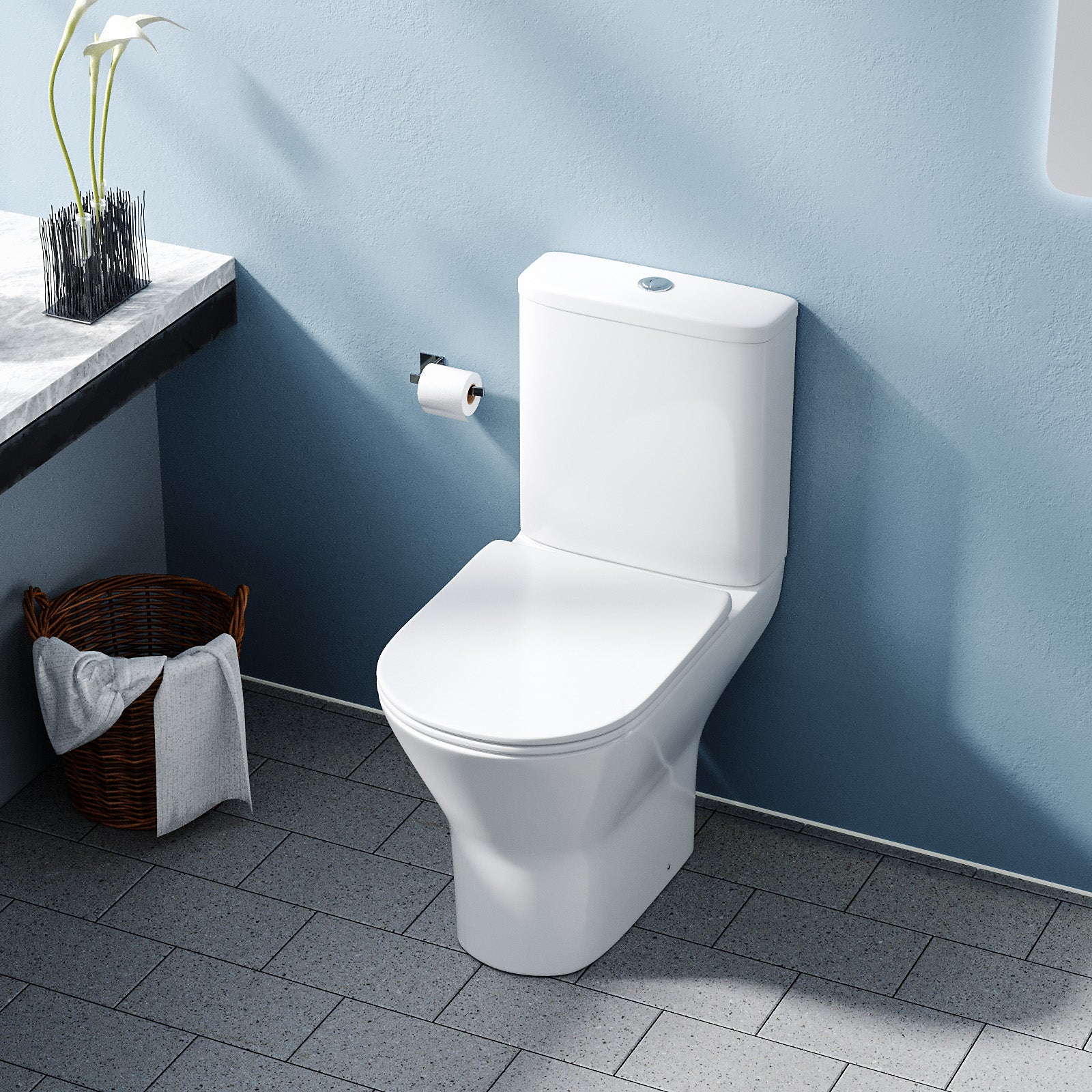 Theo Contemporary Round Rimless Close Coupled Toilet With Soft Close Seat