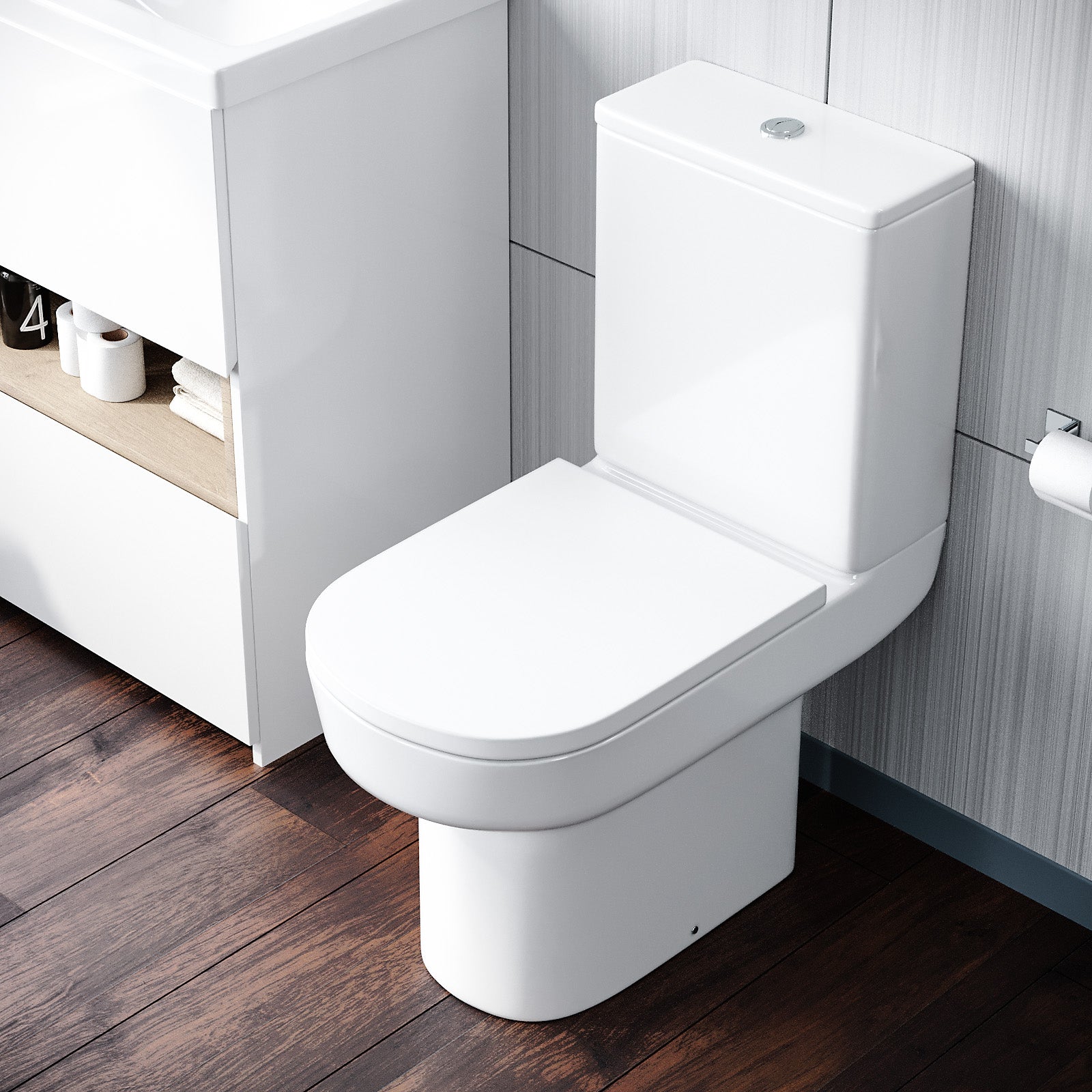 Modern Rimless Close Coupled Toilet and Cistern Soft Close Seat WC
