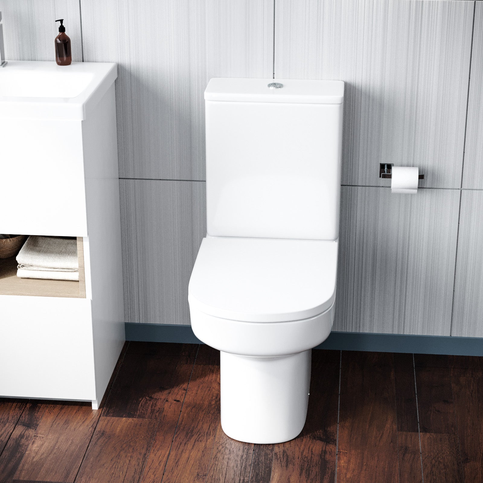 Modern Rimless Close Coupled Toilet and Cistern Soft Close Seat WC