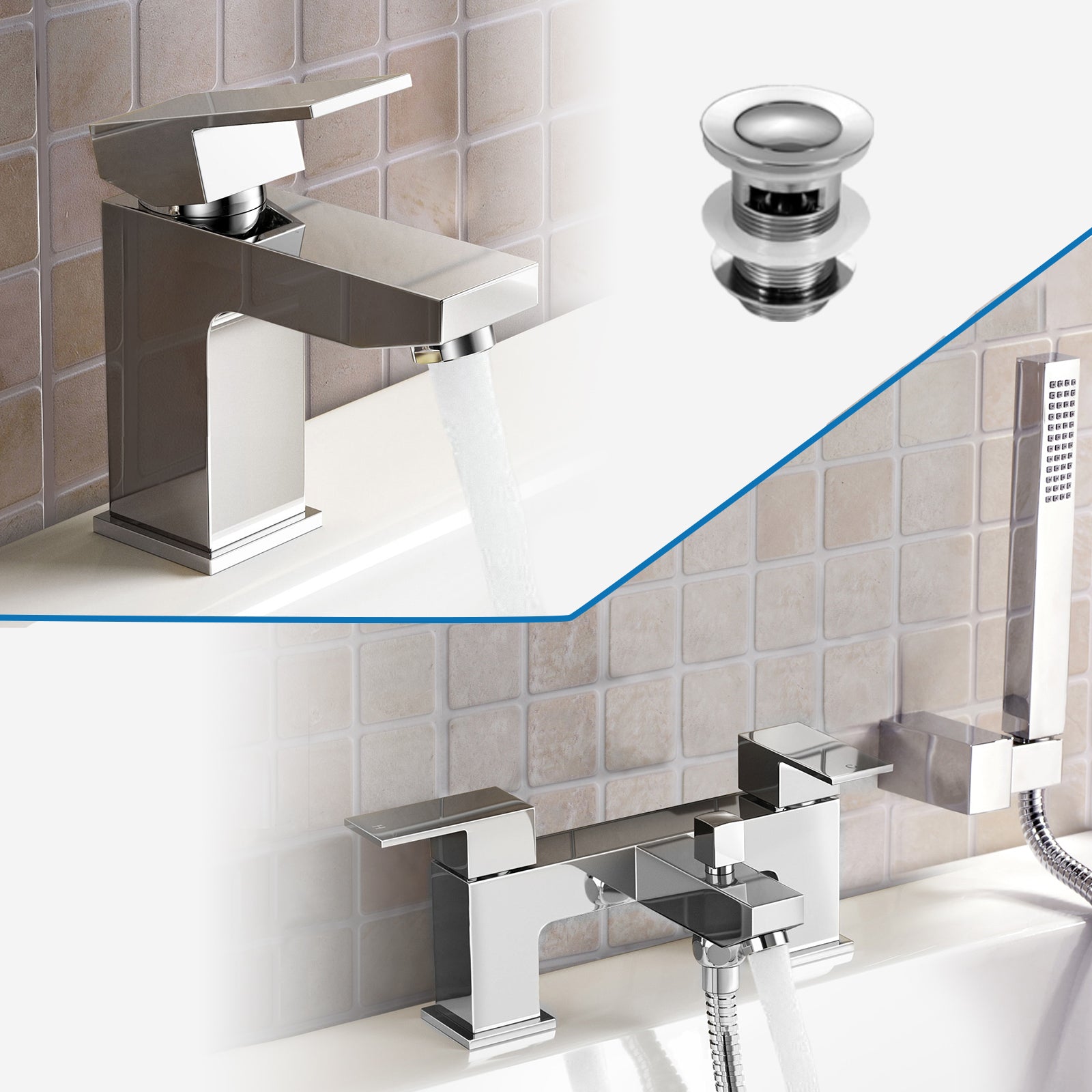 Brayton Contemporary Set Of Basin Sink Tap And Bath Shower Mixer Tap & Waste