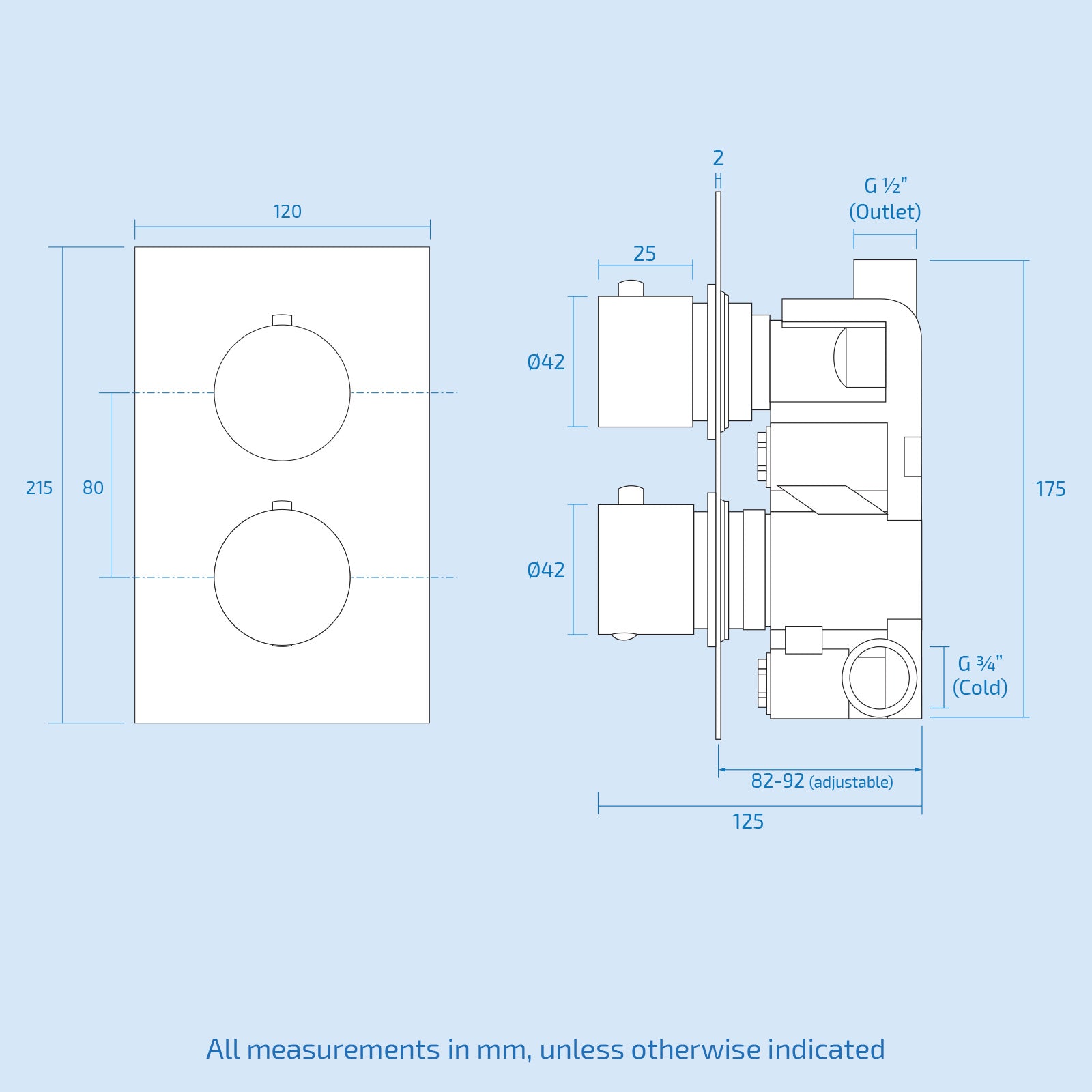 Lily 2 Dial 1 Way Round Concealed Thermostatic Mixer Valve & 200mm Round Shower Head Chrome