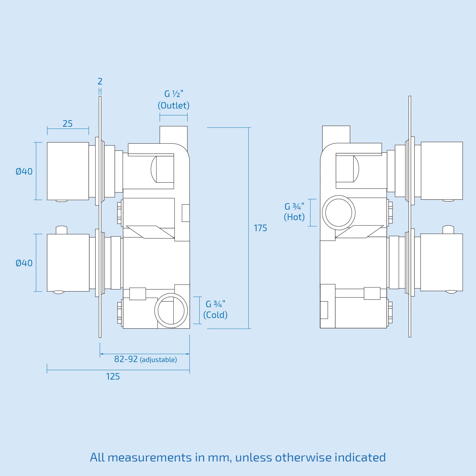 Temel Square 2 Dial 1 Way Chrome Concealed Thermostatic Shower Mixer Valve