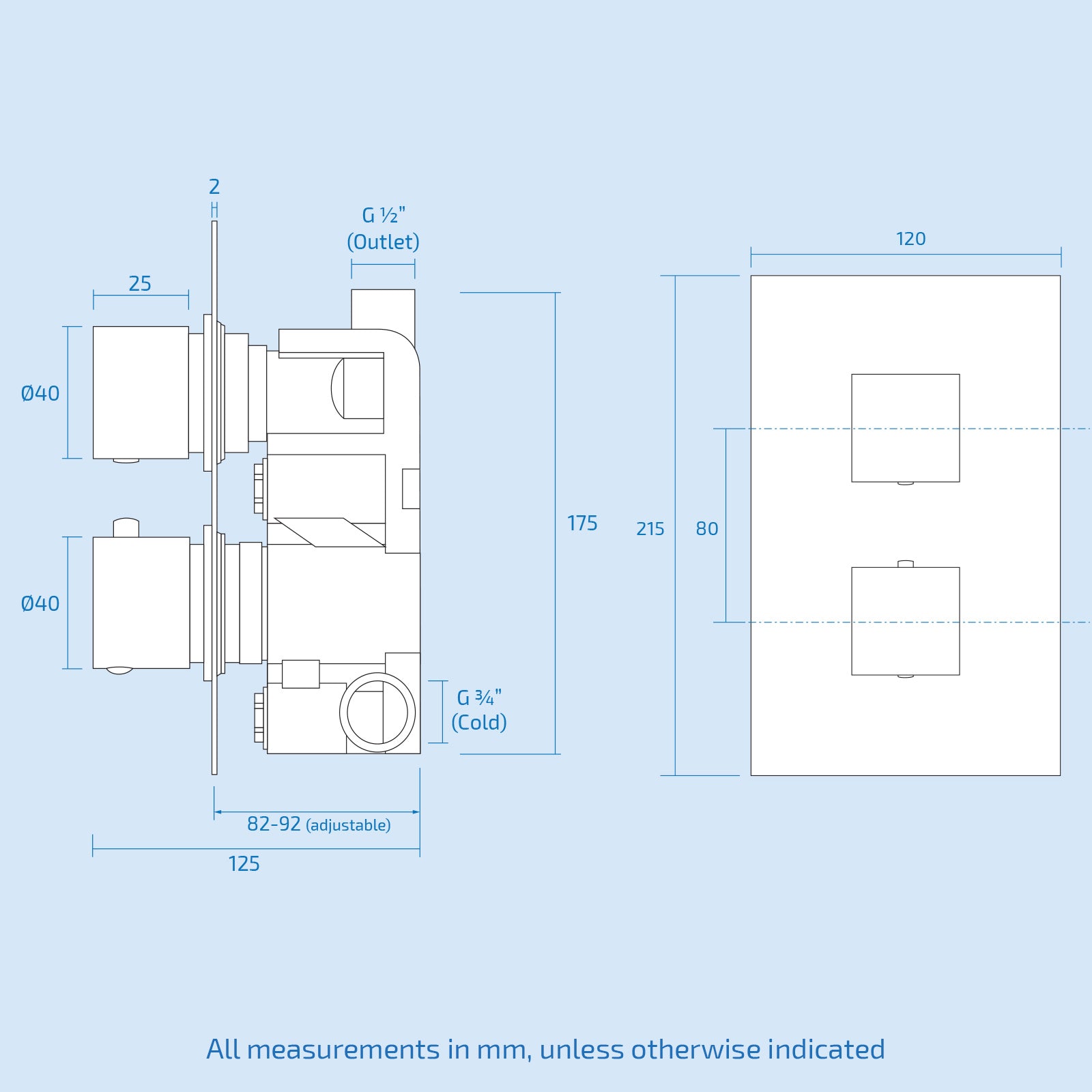 Temel Square 2 Dial 1 Way Chrome Concealed Thermostatic Shower Mixer Valve